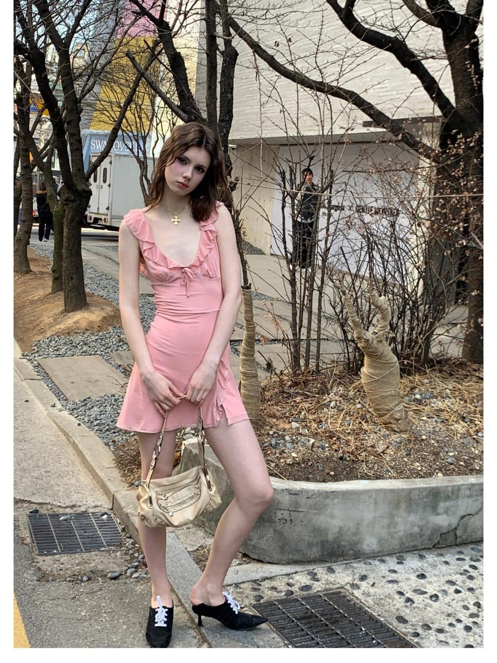 UNIVERSE Soft Pink High Waist Bodycon Strappy V-neck Women's Casual Mini Dresses