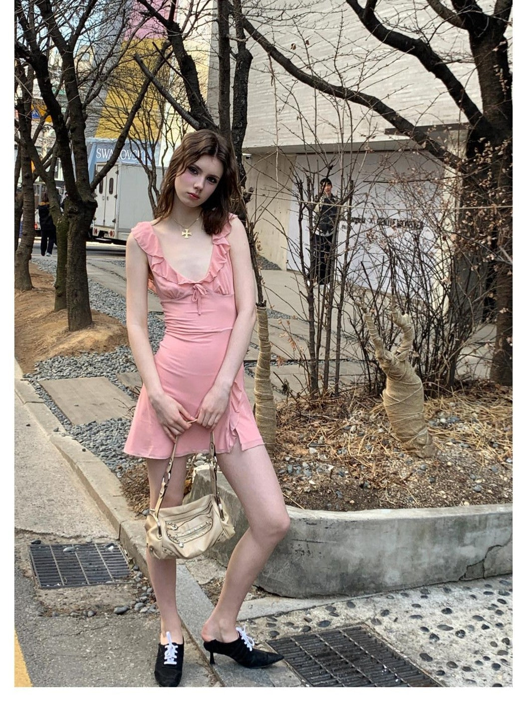 UNIVERSE Soft Pink High Waist Bodycon Strappy V-neck Women's Casual Mini Dresses