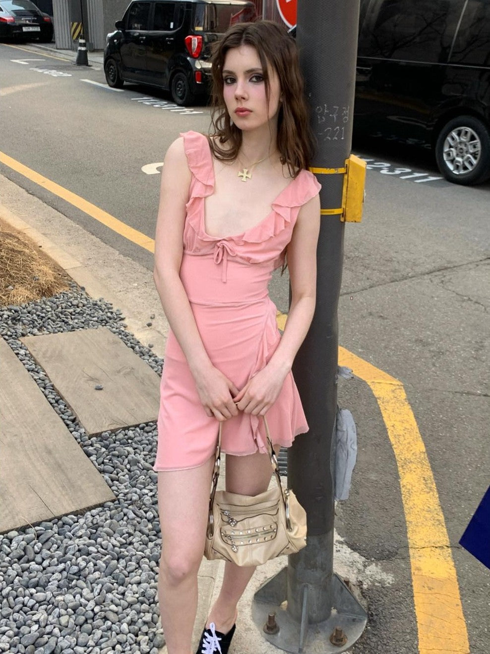 UNIVERSE Soft Pink High Waist Bodycon Strappy V-neck Women's Casual Mini Dresses
