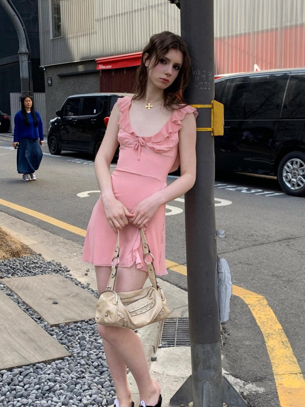 UNIVERSE Soft Pink High Waist Bodycon Strappy V-neck Women's Casual Mini Dresses