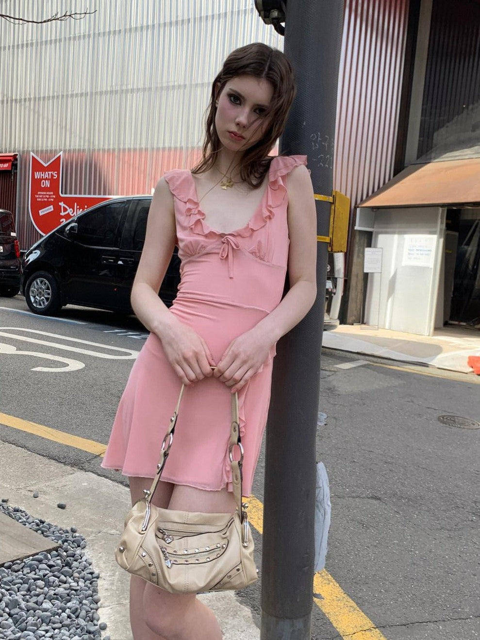 UNIVERSE Soft Pink High Waist Bodycon Strappy V-neck Women's Casual Mini Dresses