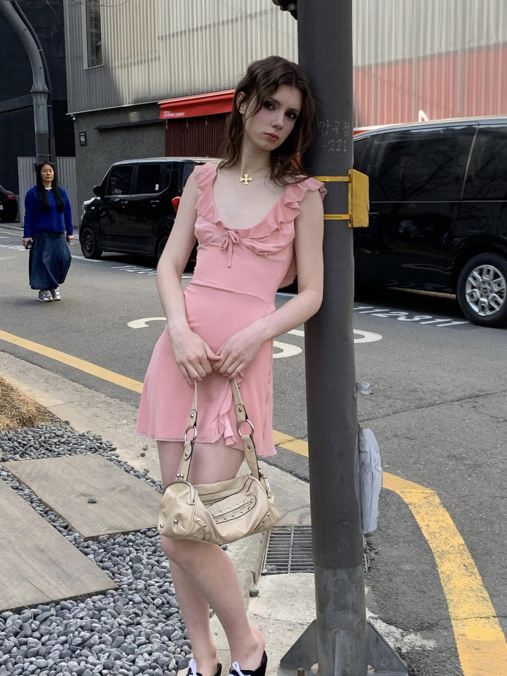 UNIVERSE Soft Pink High Waist Bodycon Strappy V-neck Women's Casual Mini Dresses