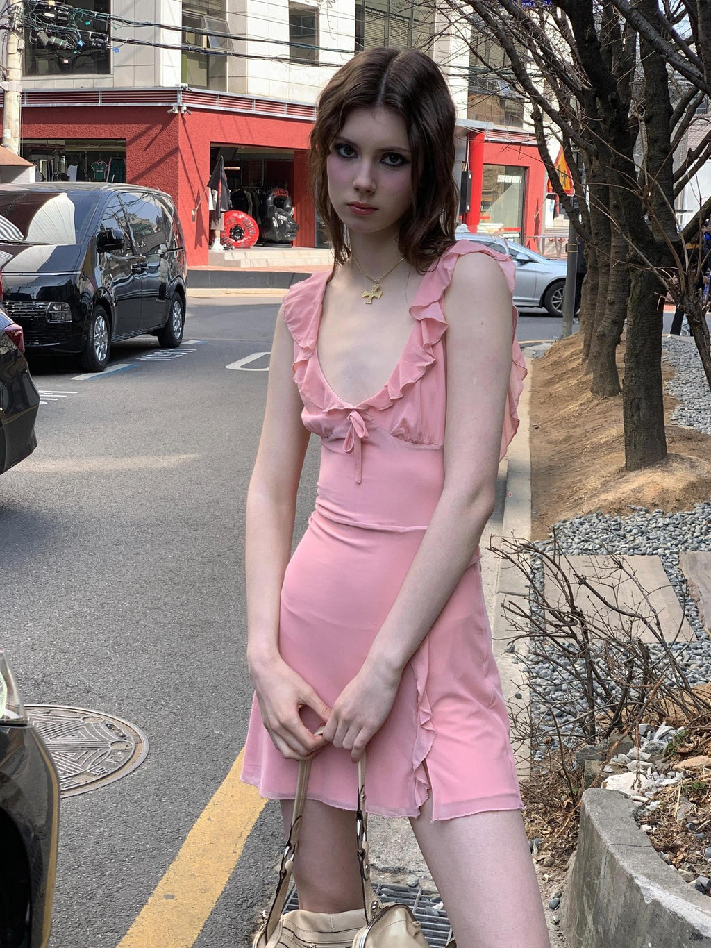 UNIVERSE Soft Pink High Waist Bodycon Strappy V-neck Women's Casual Mini Dresses
