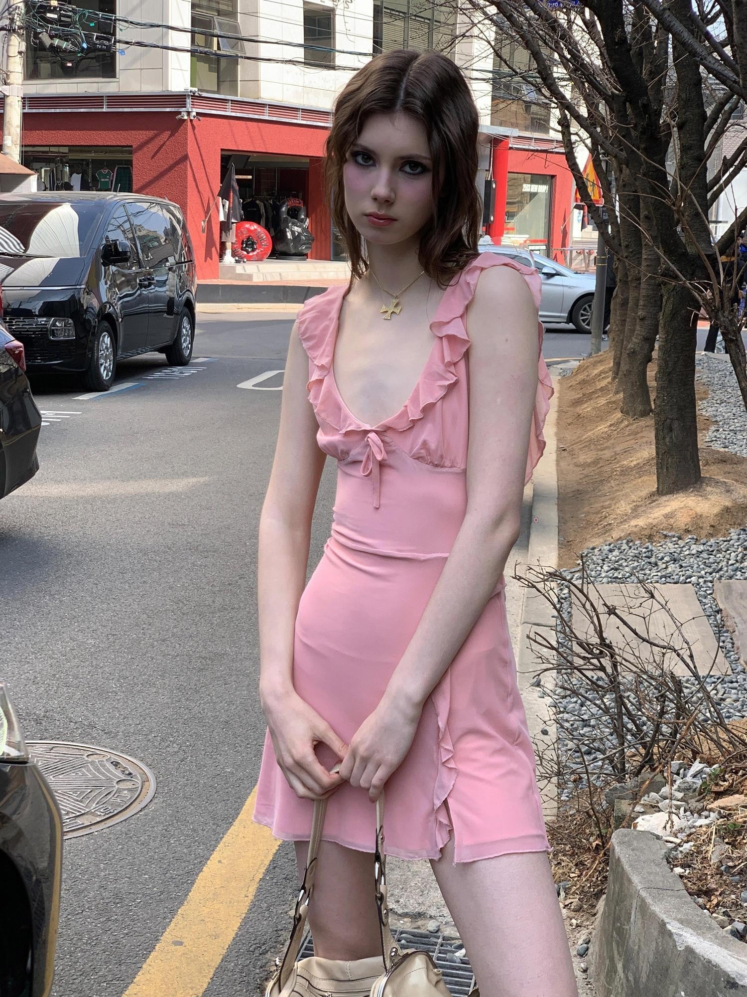 UNIVERSE Soft Pink High Waist Bodycon Strappy V-neck Women's Casual Mini Dresses