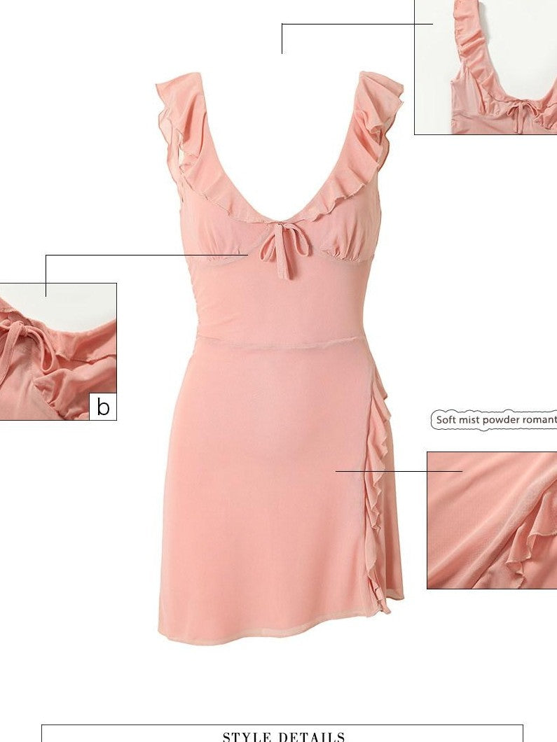 UNIVERSE Soft Pink High Waist Bodycon Strappy V-neck Women's Casual Mini Dresses