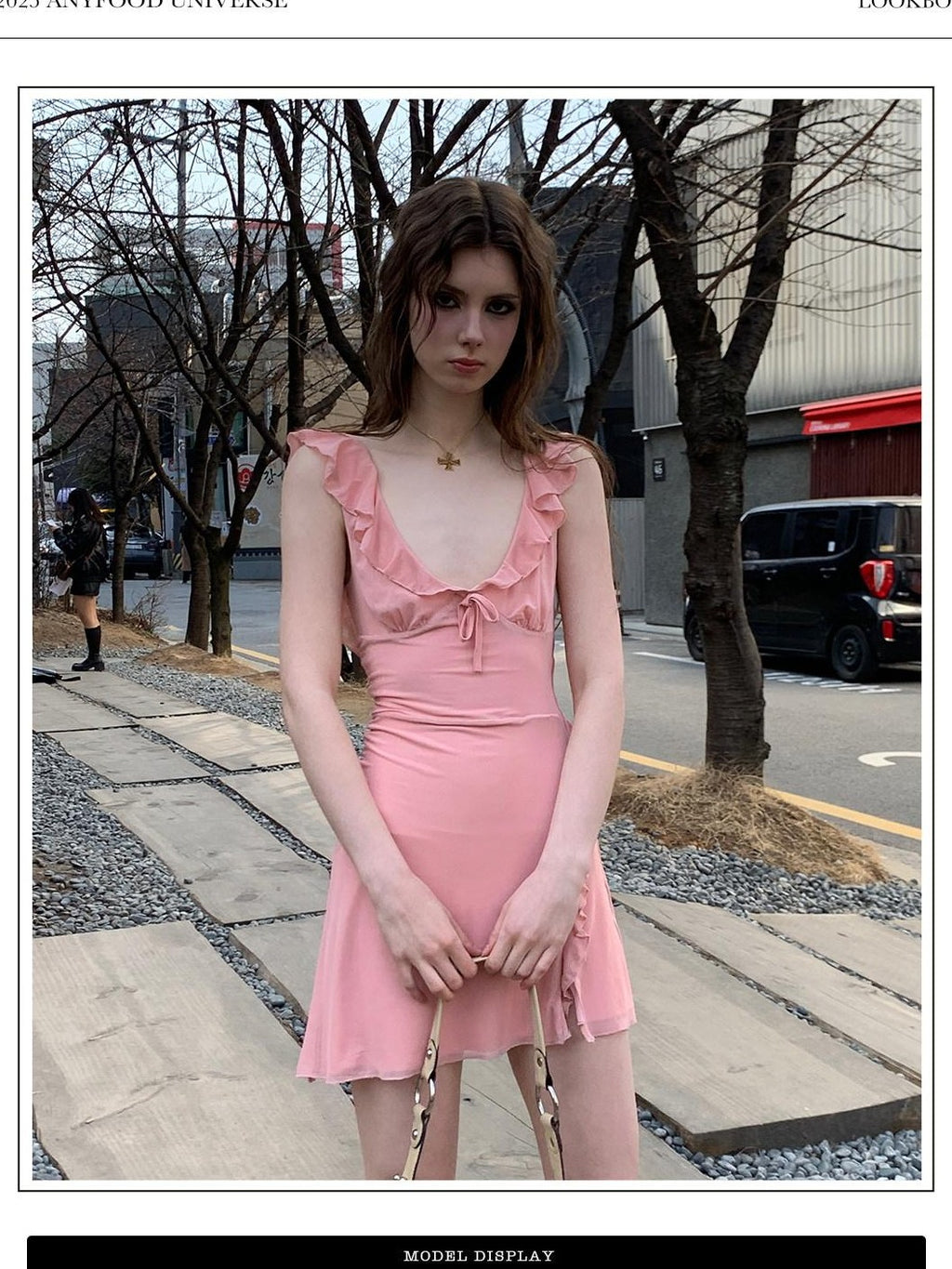 UNIVERSE Soft Pink High Waist Bodycon Strappy V-neck Women's Casual Mini Dresses