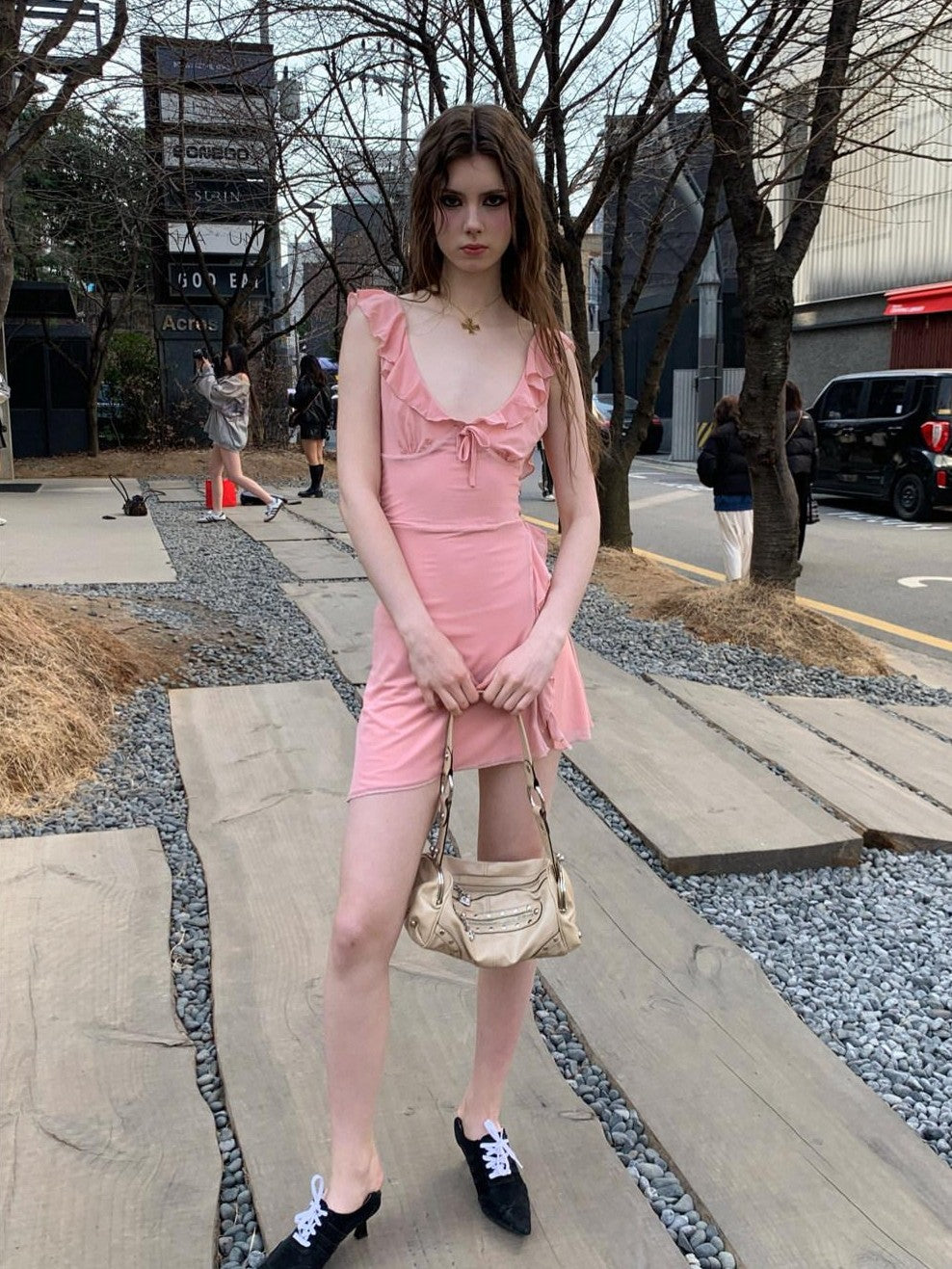 UNIVERSE Soft Pink High Waist Bodycon Strappy V-neck Women's Casual Mini Dresses