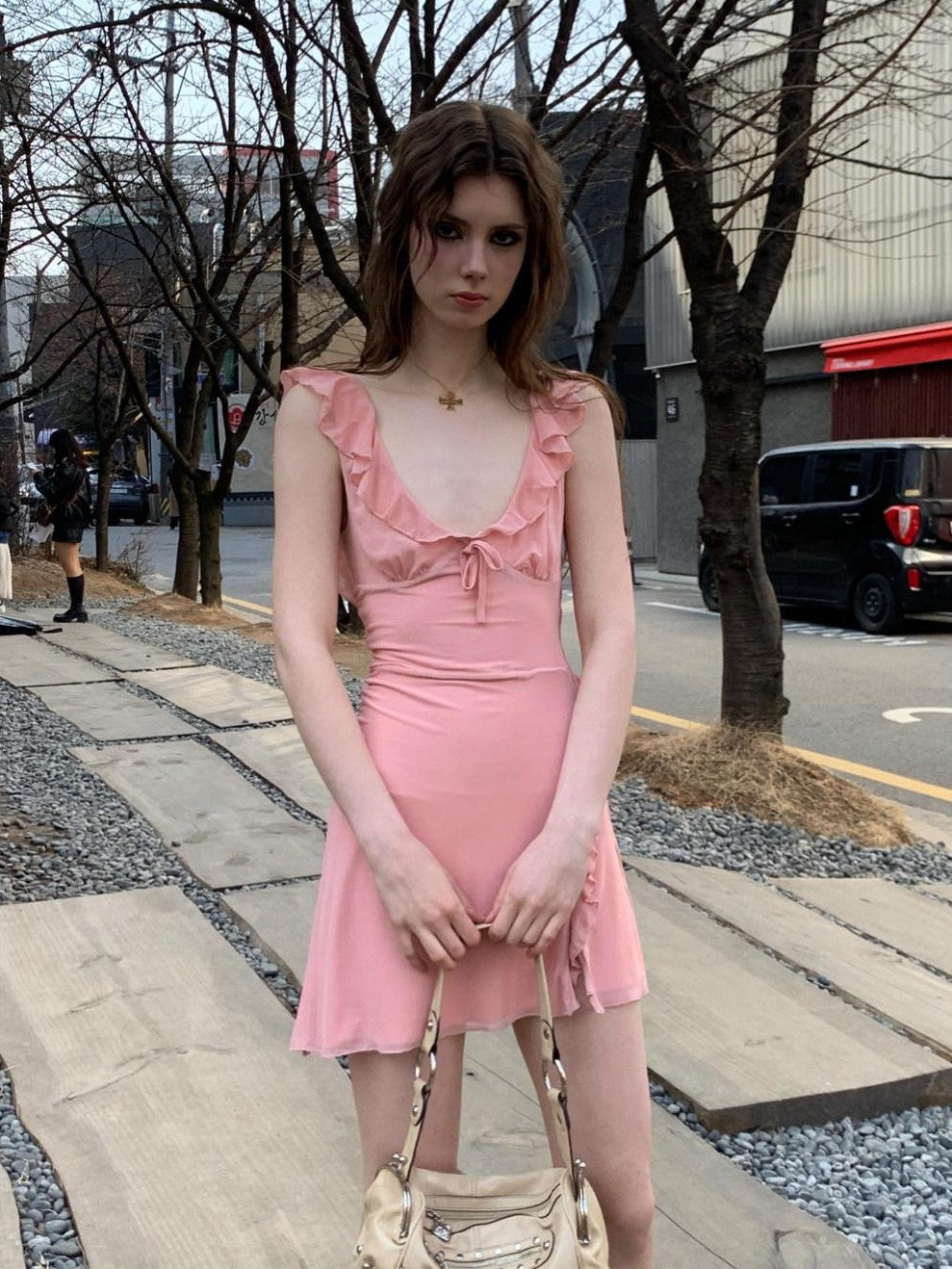 UNIVERSE Soft Pink High Waist Bodycon Strappy V-neck Women's Casual Mini Dresses