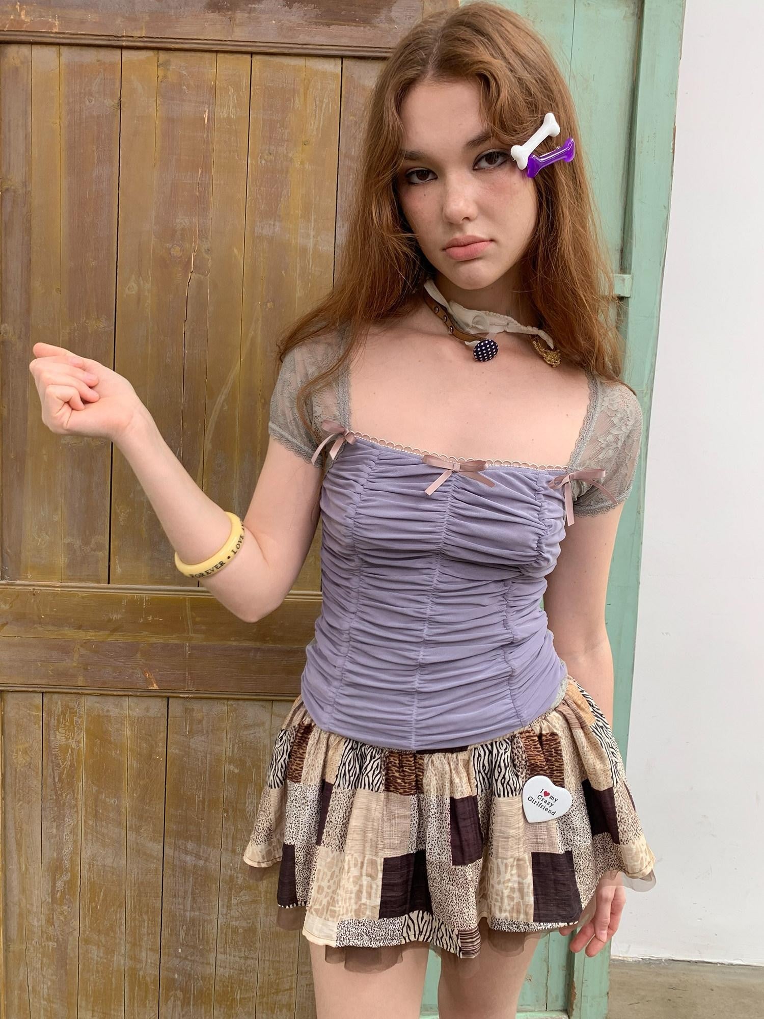 UNIVERSE Square Neck Ruched Bustier Lace Mesh Splice Women's Short Sleeve T-shirts