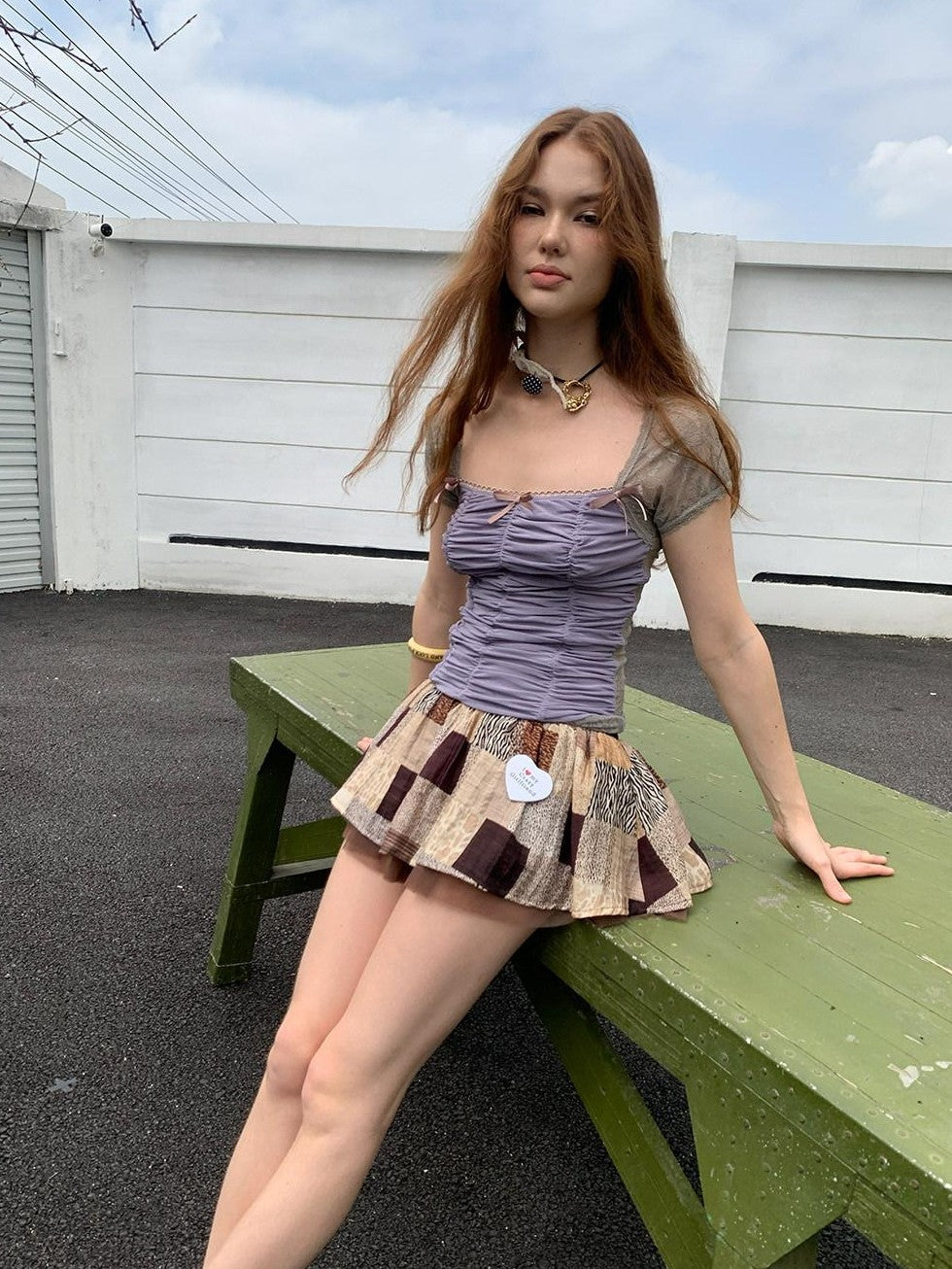 UNIVERSE Square Neck Ruched Bustier Lace Mesh Splice Women's Short Sleeve T-shirts