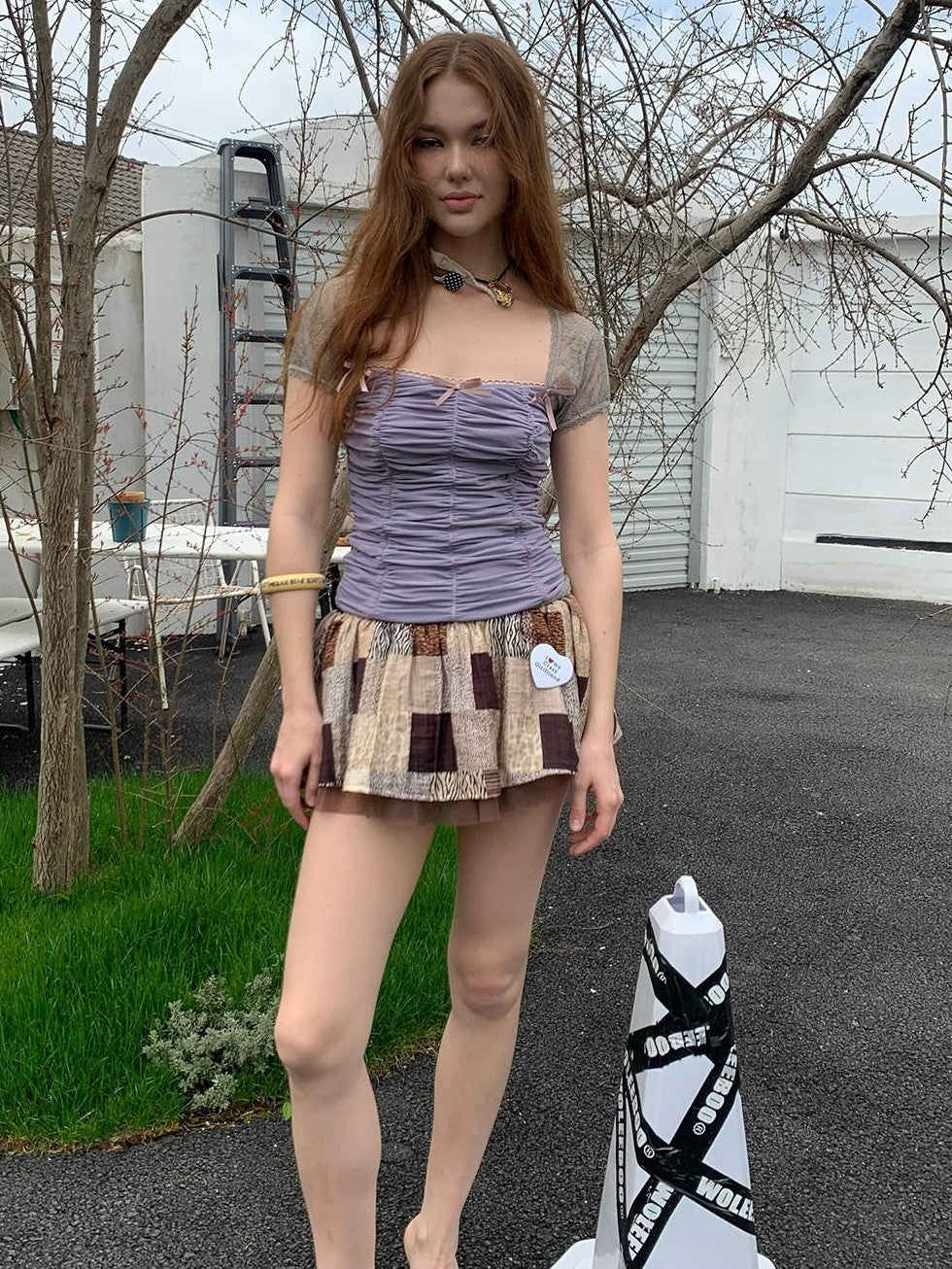 UNIVERSE Square Neck Ruched Bustier Lace Mesh Splice Women's Short Sleeve T-shirts