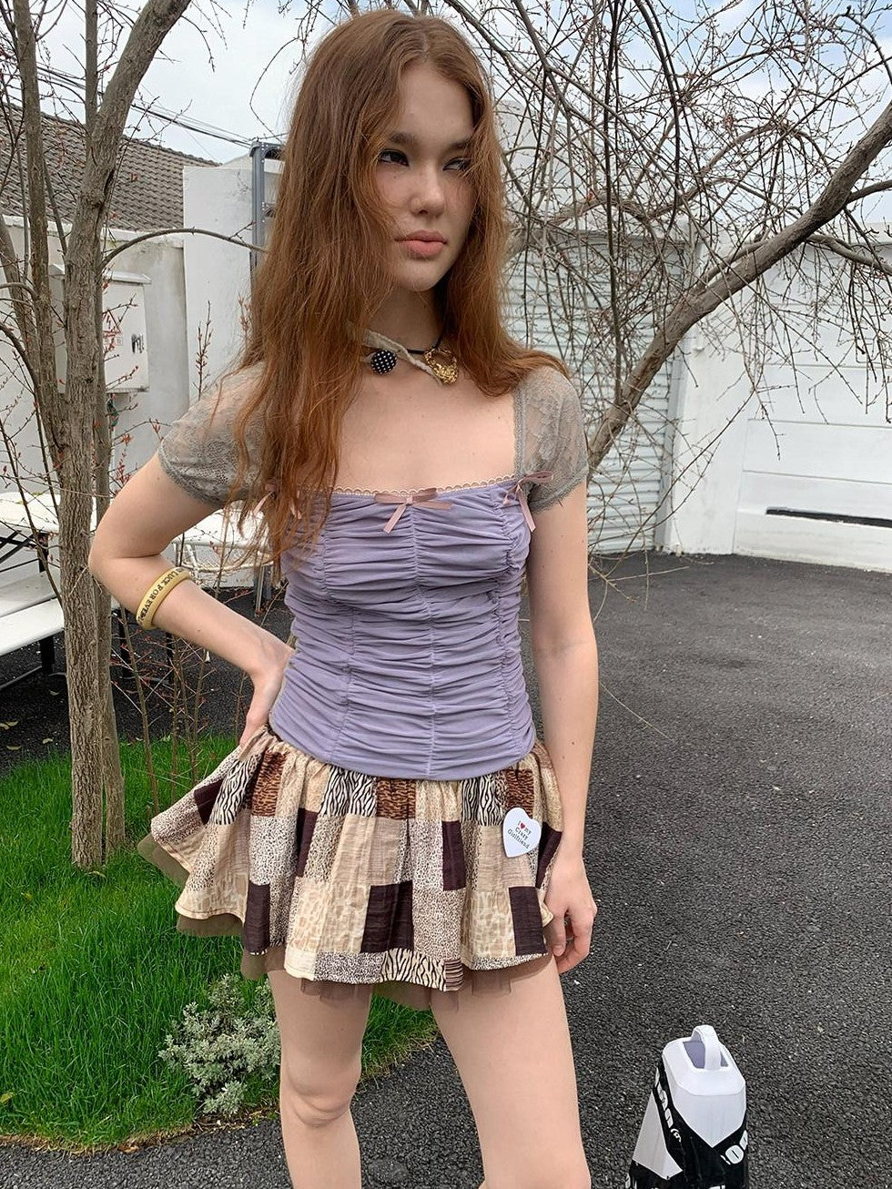 UNIVERSE Square Neck Ruched Bustier Lace Mesh Splice Women's Short Sleeve T-shirts