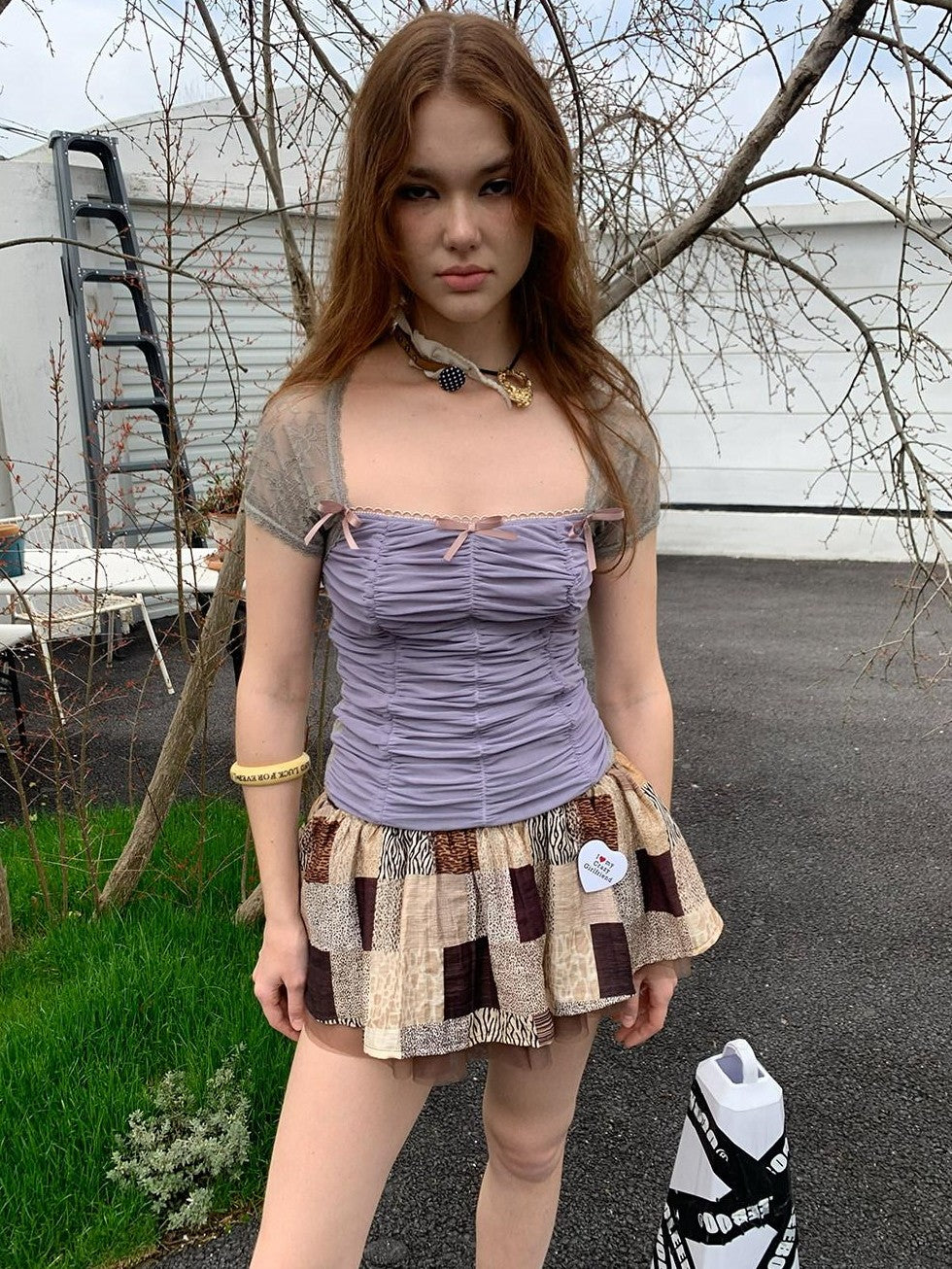 UNIVERSE Square Neck Ruched Bustier Lace Mesh Splice Women's Short Sleeve T-shirts