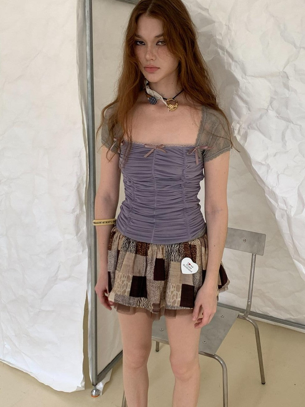 UNIVERSE Square Neck Ruched Bustier Lace Mesh Splice Women's Short Sleeve T-shirts