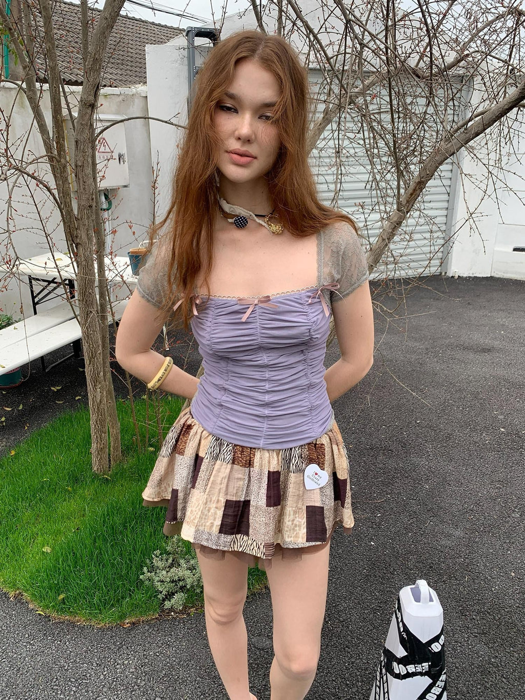 UNIVERSE Square Neck Ruched Bustier Lace Mesh Splice Women's Short Sleeve T-shirts