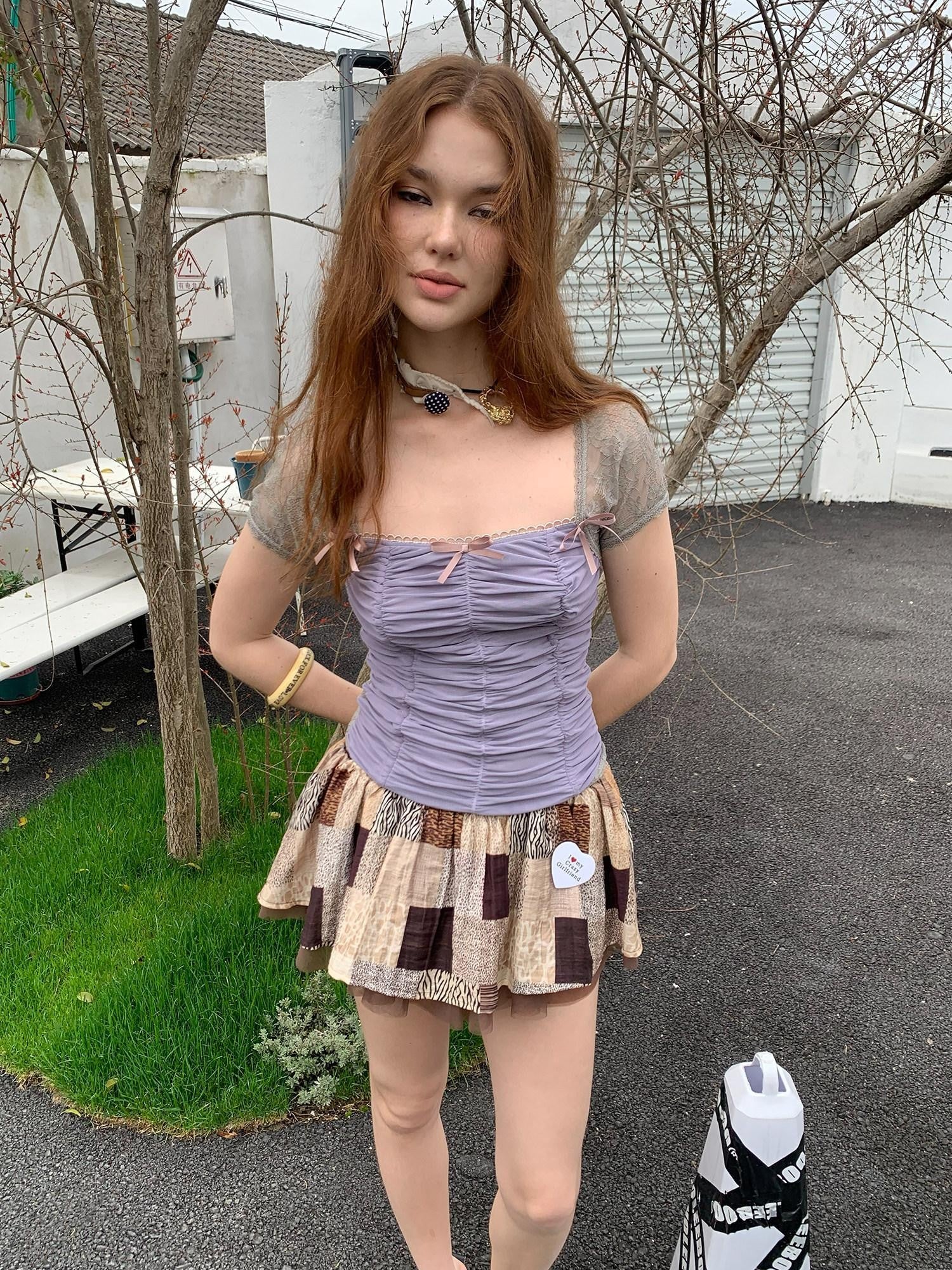 UNIVERSE Square Neck Ruched Bustier Lace Mesh Splice Women's Short Sleeve T-shirts