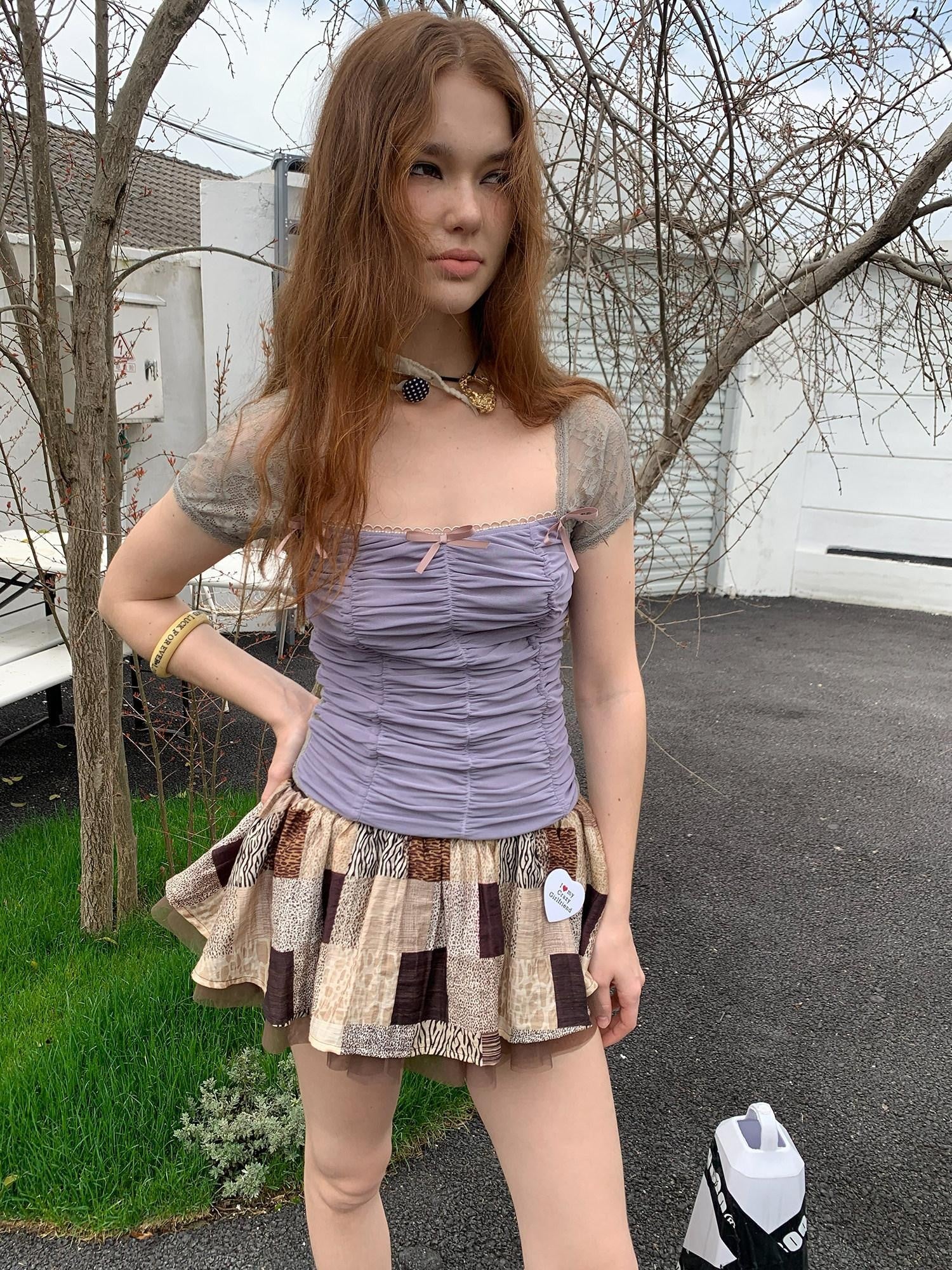 UNIVERSE Square Neck Ruched Bustier Lace Mesh Splice Women's Short Sleeve T-shirts