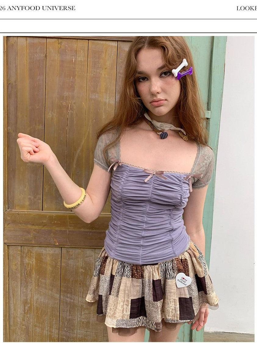 UNIVERSE Square Neck Ruched Bustier Lace Mesh Splice Women's Short Sleeve T-shirts