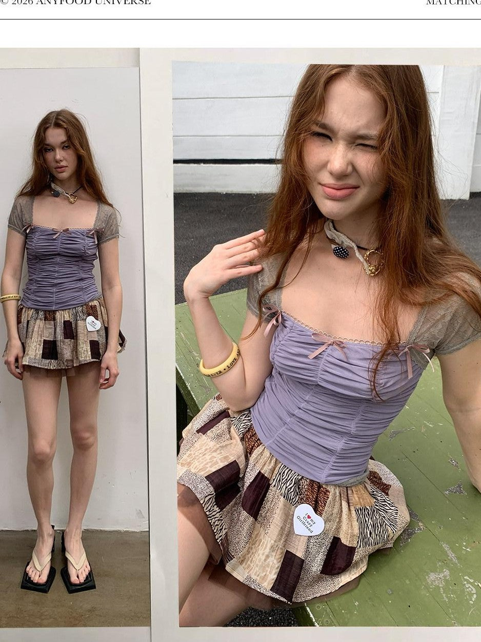 UNIVERSE Square Neck Ruched Bustier Lace Mesh Splice Women's Short Sleeve T-shirts