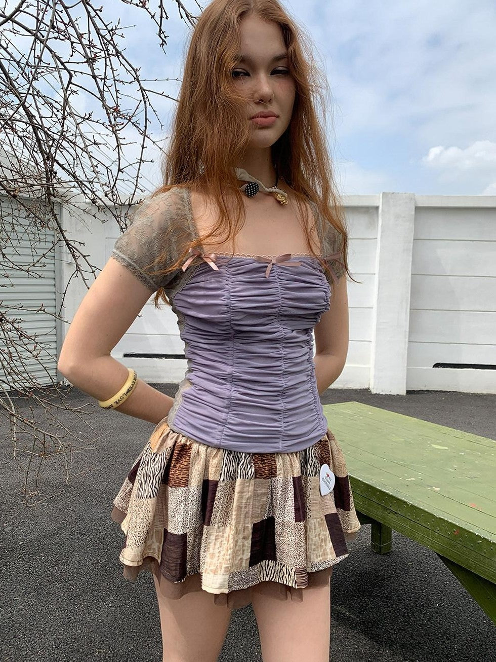 UNIVERSE Square Neck Ruched Bustier Lace Mesh Splice Women's Short Sleeve T-shirts
