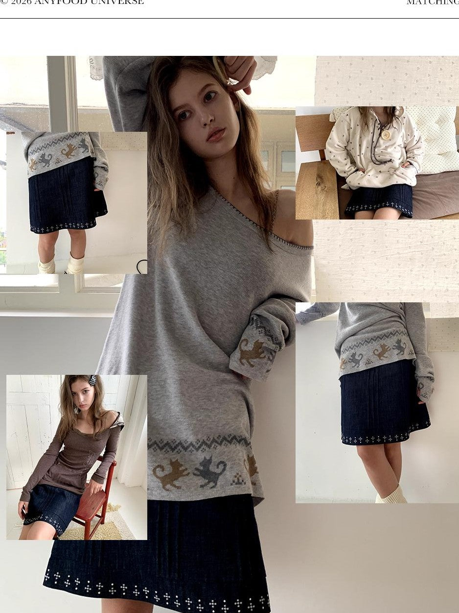 UNIVERSE Starburst Embroidered Vintage A Line Denim Women's Midi Skirts