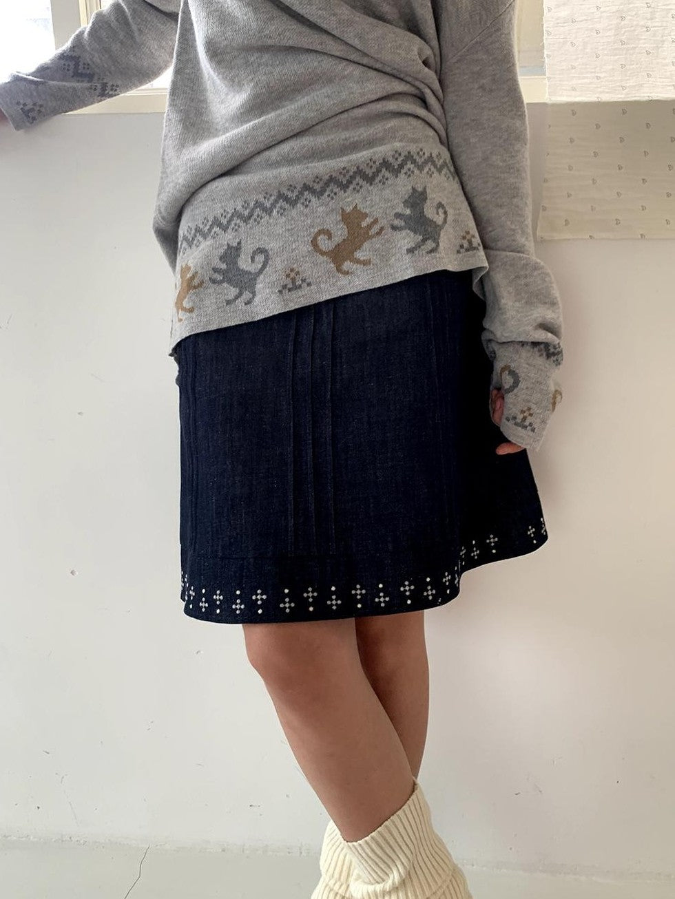 UNIVERSE Starburst Embroidered Vintage A Line Denim Women's Midi Skirts