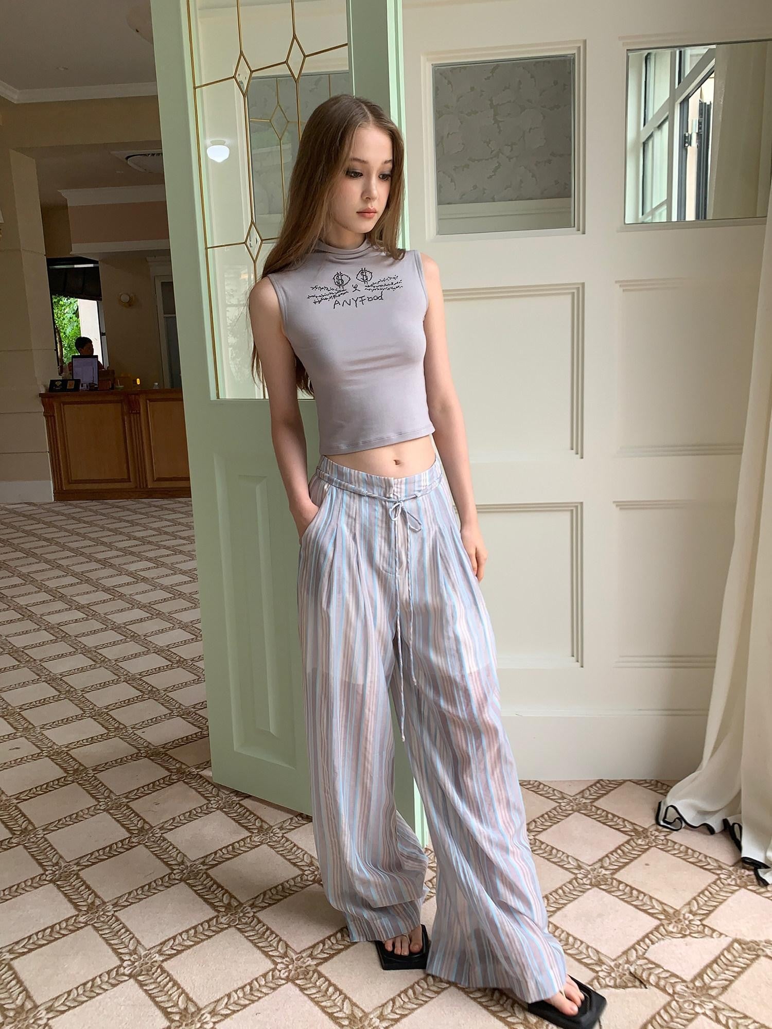 UNIVERSE Striped High Waist Straight Leg Slimming Wide Women's Cotton Linen Sweatpants