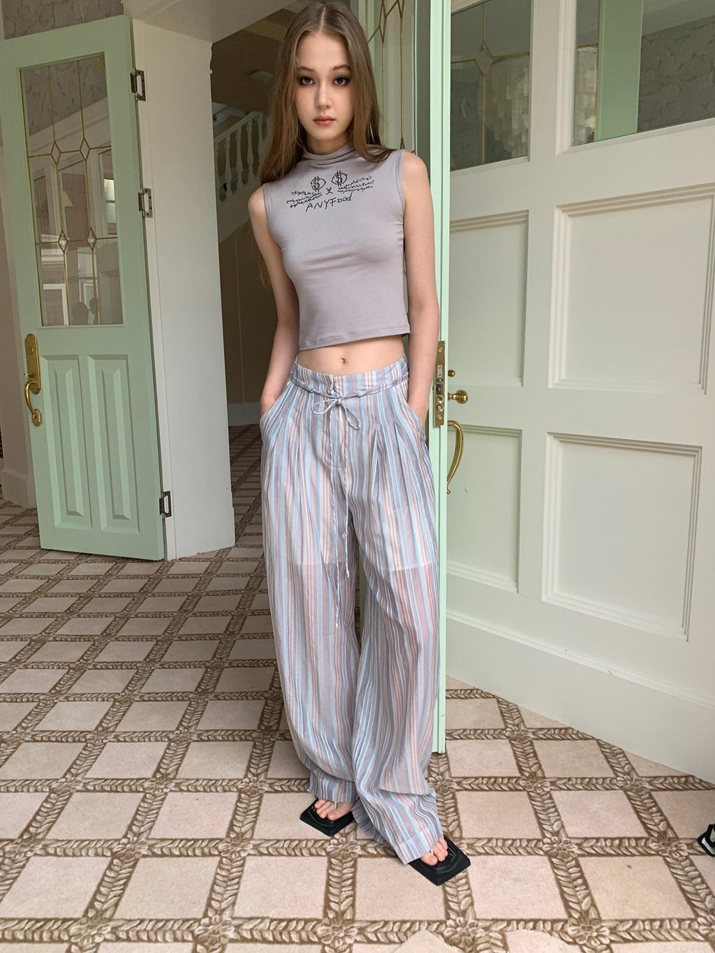 UNIVERSE Striped High Waist Straight Leg Slimming Wide Women's Cotton Linen Sweatpants