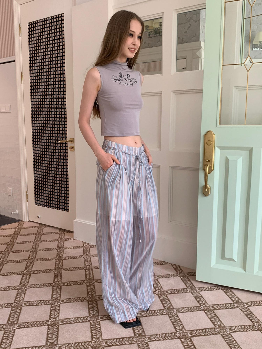 UNIVERSE Striped High Waist Straight Leg Slimming Wide Women's Cotton Linen Sweatpants