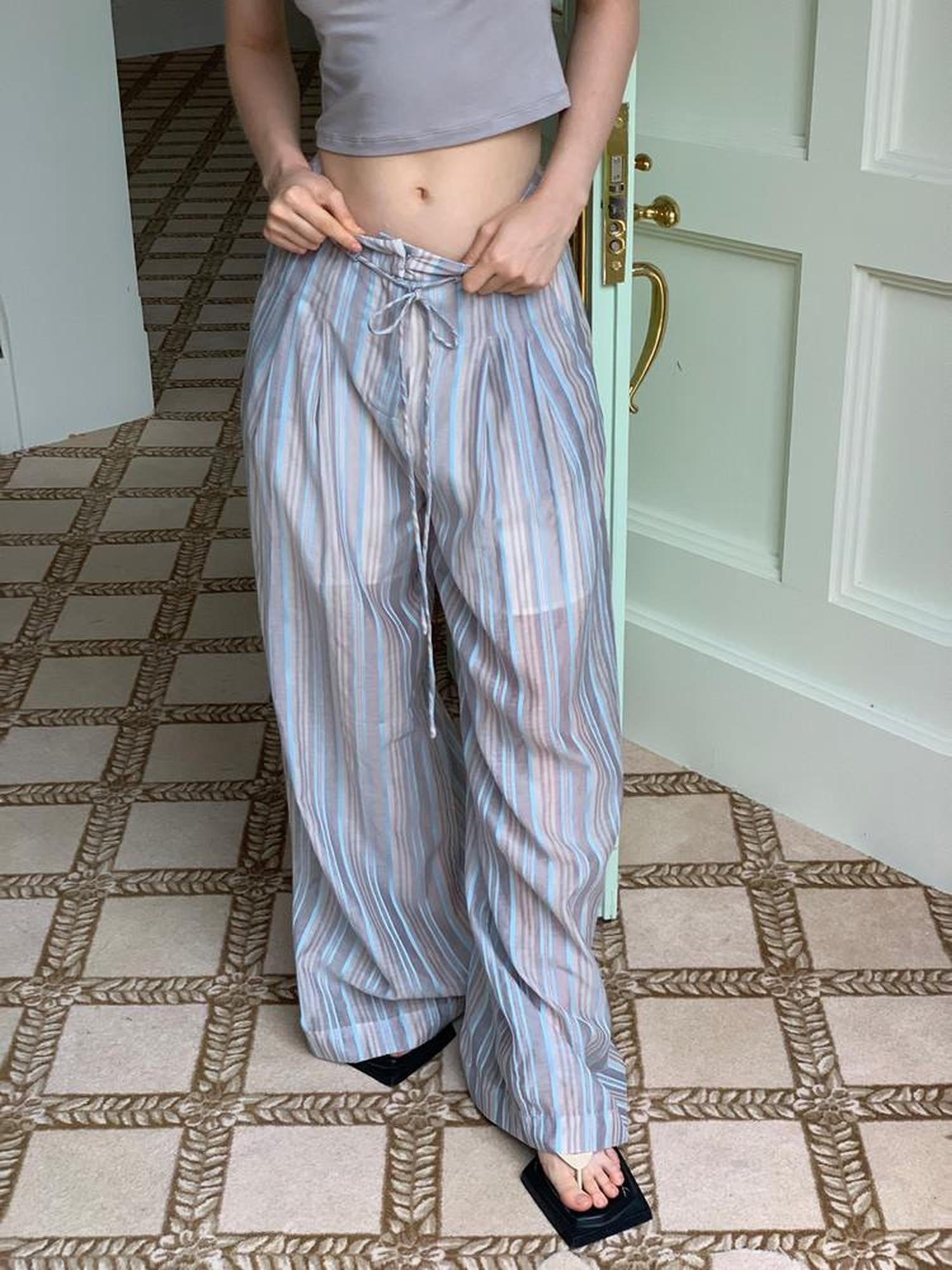 UNIVERSE Striped High Waist Straight Leg Slimming Wide Women's Cotton Linen Sweatpants