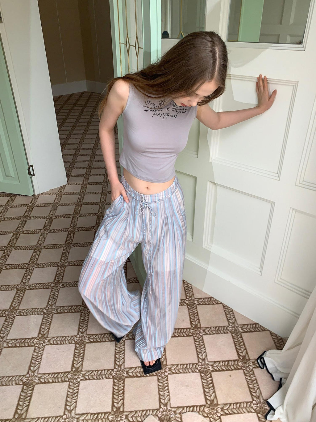 UNIVERSE Striped High Waist Straight Leg Slimming Wide Women's Cotton Linen Sweatpants