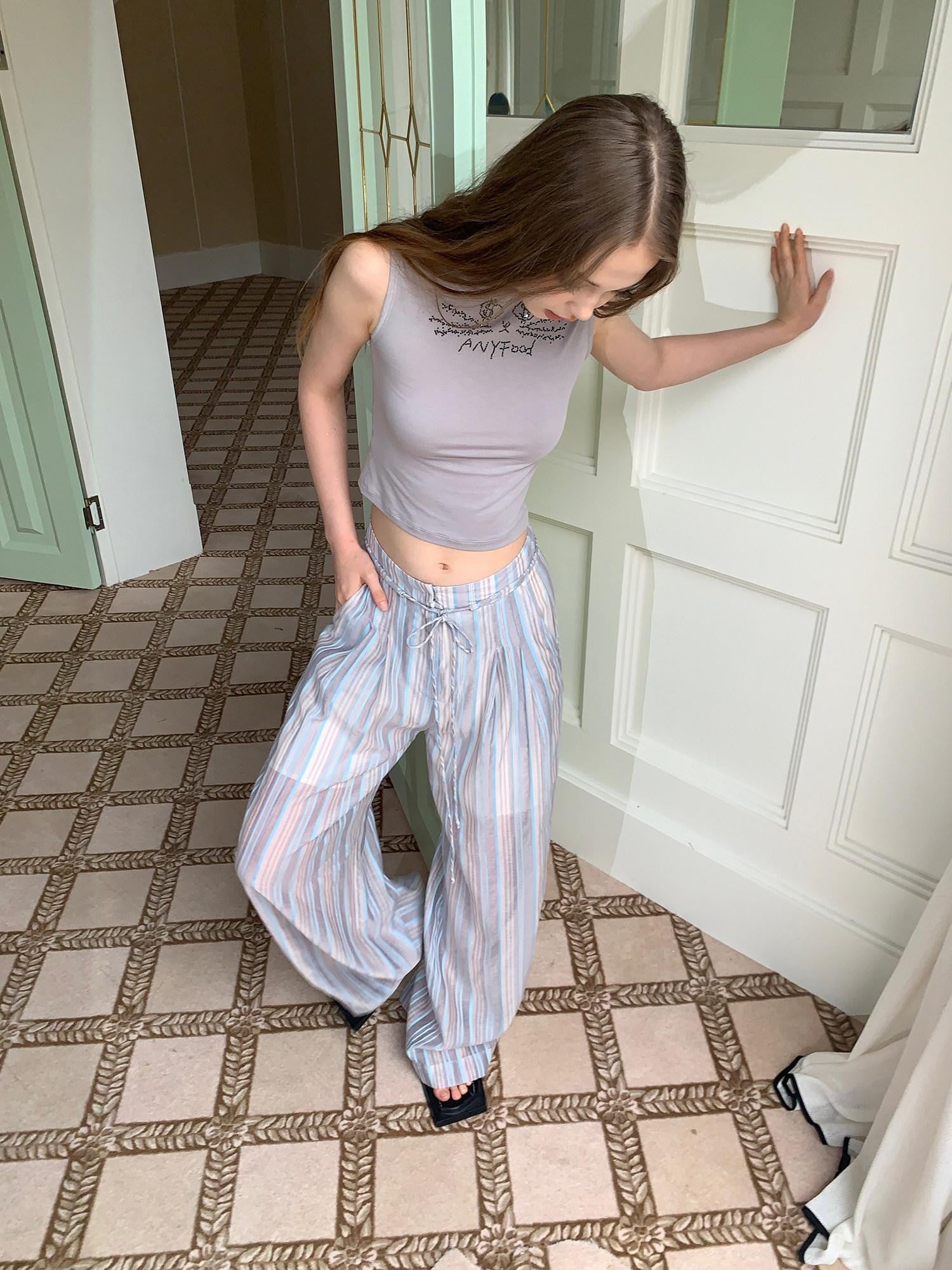 UNIVERSE Striped High Waist Straight Leg Slimming Wide Women's Cotton Linen Sweatpants