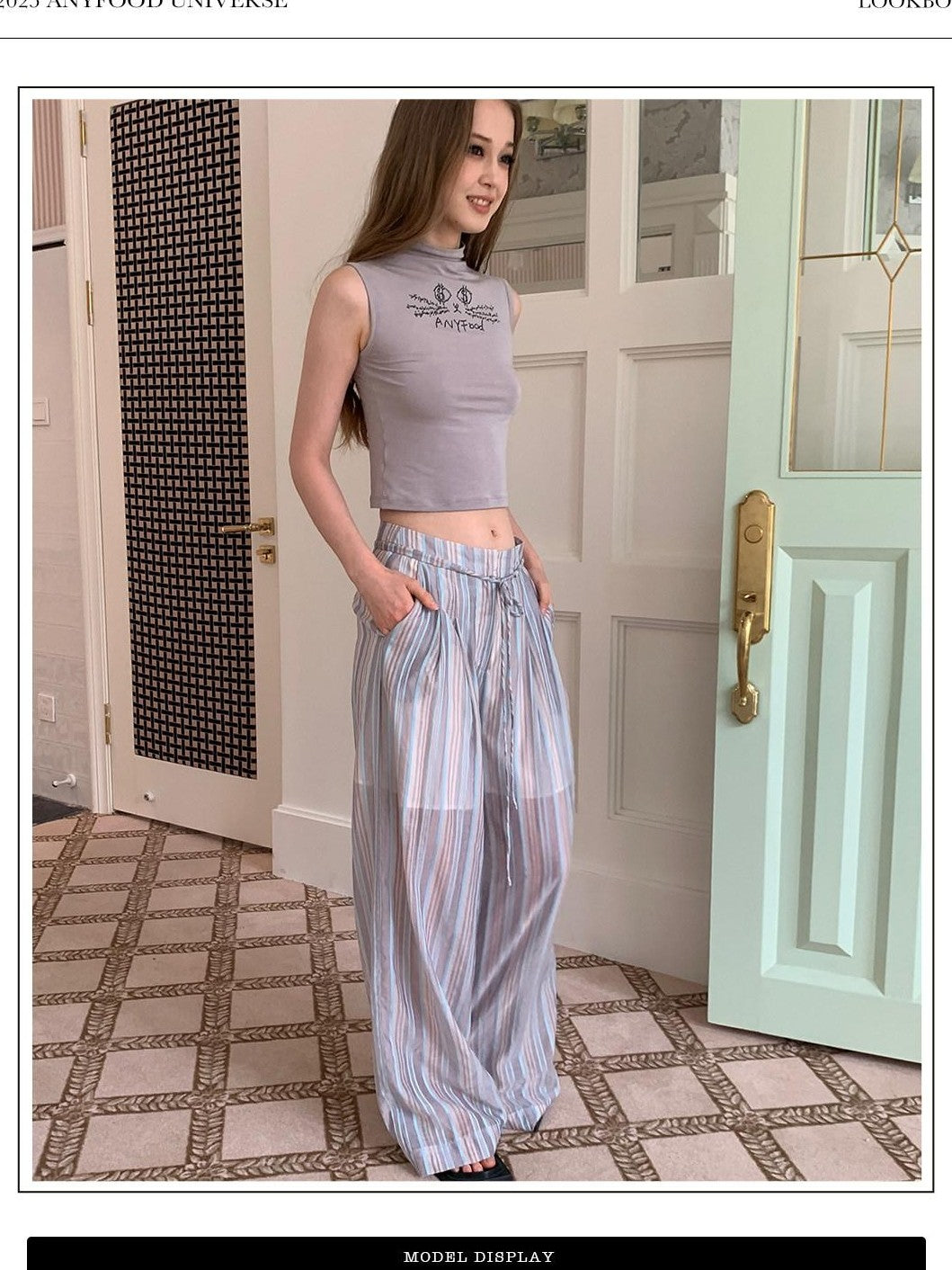 UNIVERSE Striped High Waist Straight Leg Slimming Wide Women's Cotton Linen Sweatpants