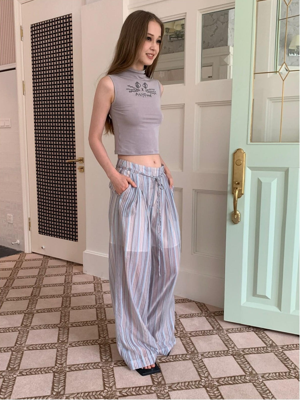 UNIVERSE Striped High Waist Straight Leg Slimming Wide Women's Cotton Linen Sweatpants
