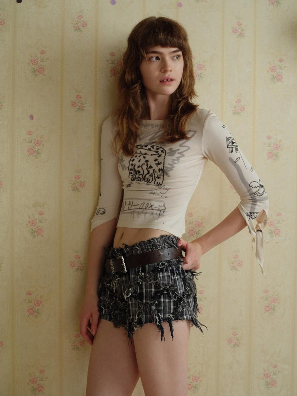 UNIVERSE Three Tone Hand Painted Cat Print Tie Slim Women's Lyocell Crop Tops