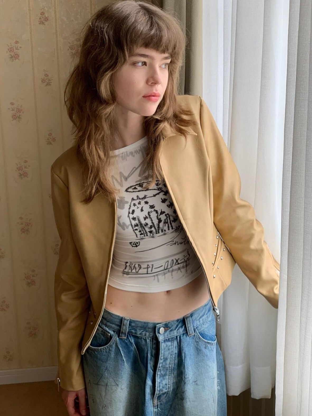UNIVERSE Three Tone Hand Painted Cat Print Tie Slim Women's Lyocell Crop Tops