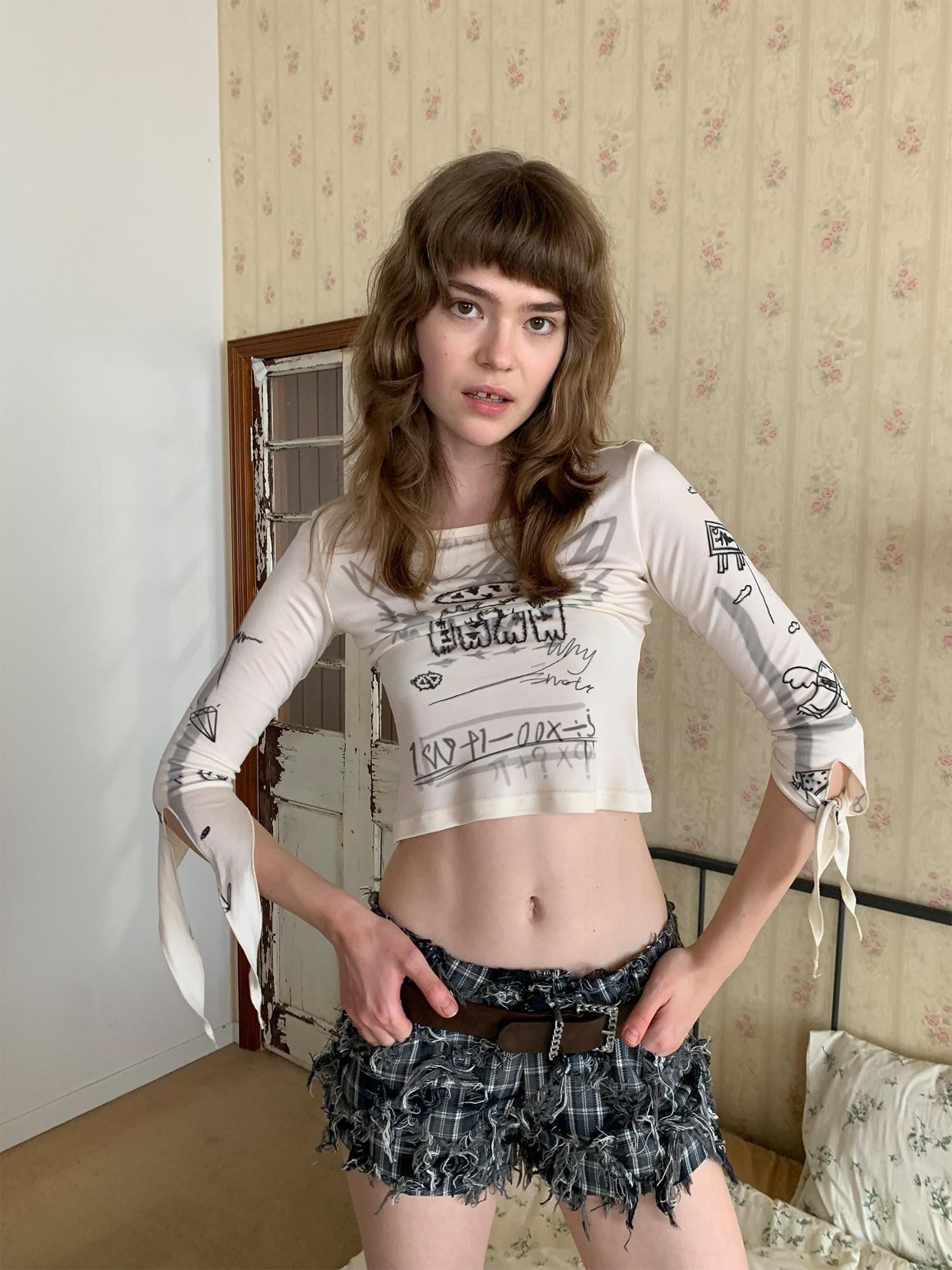 UNIVERSE Three Tone Hand Painted Cat Print Tie Slim Women's Lyocell Crop Tops