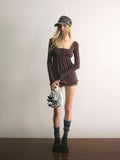 UNIVERSE Tone On Tone Knit Square Neck Slim Women's Cotton Long Sleeve T-shirts