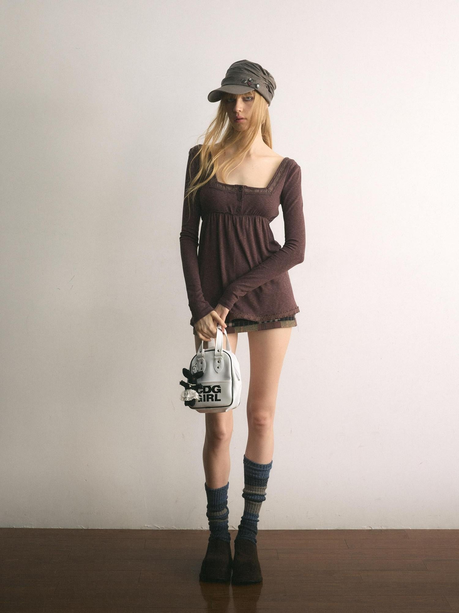 UNIVERSE Tone On Tone Knit Square Neck Slim Women's Cotton Long Sleeve T-shirts
