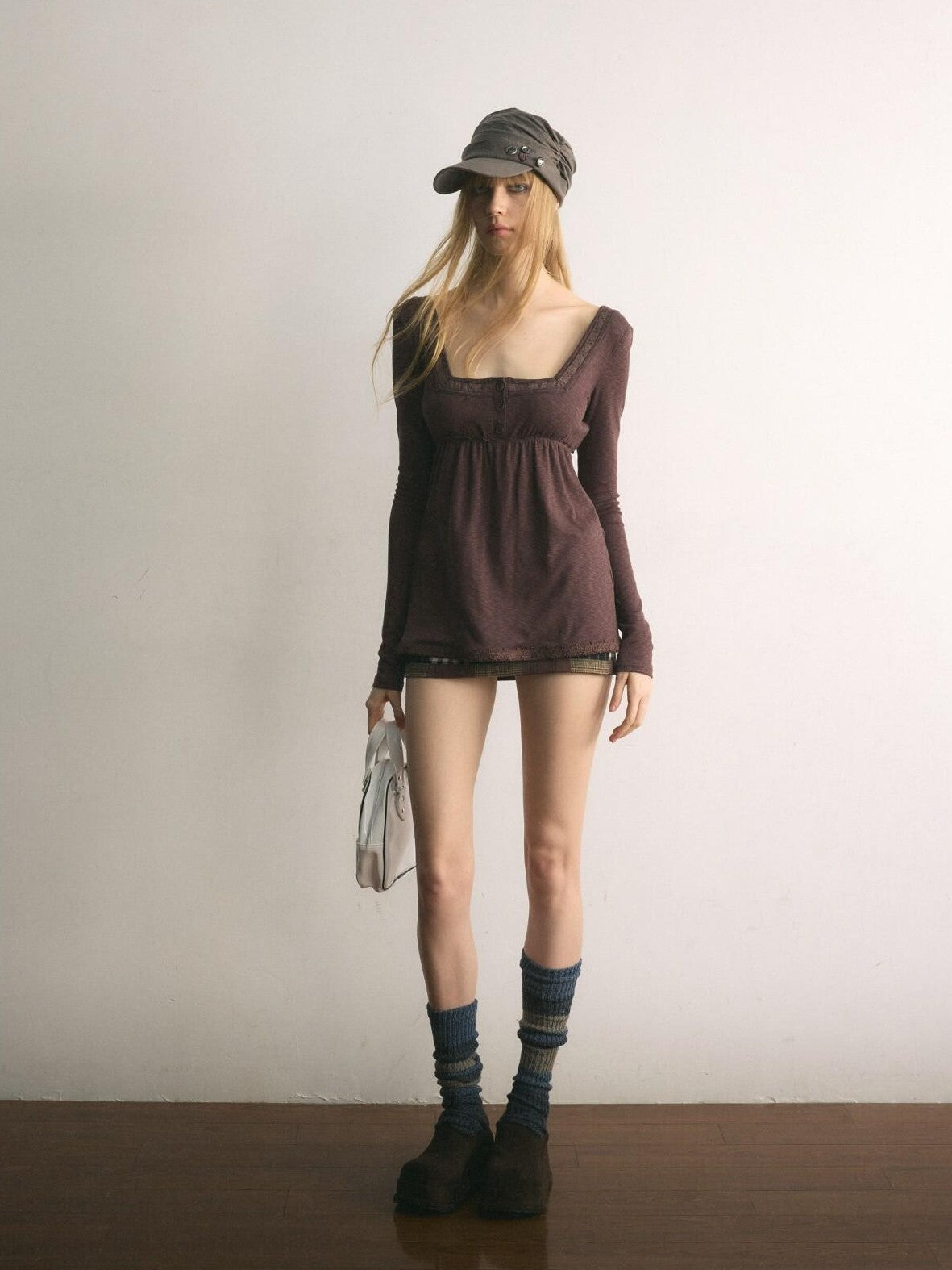 UNIVERSE Tone On Tone Knit Square Neck Slim Women's Cotton Long Sleeve T-shirts