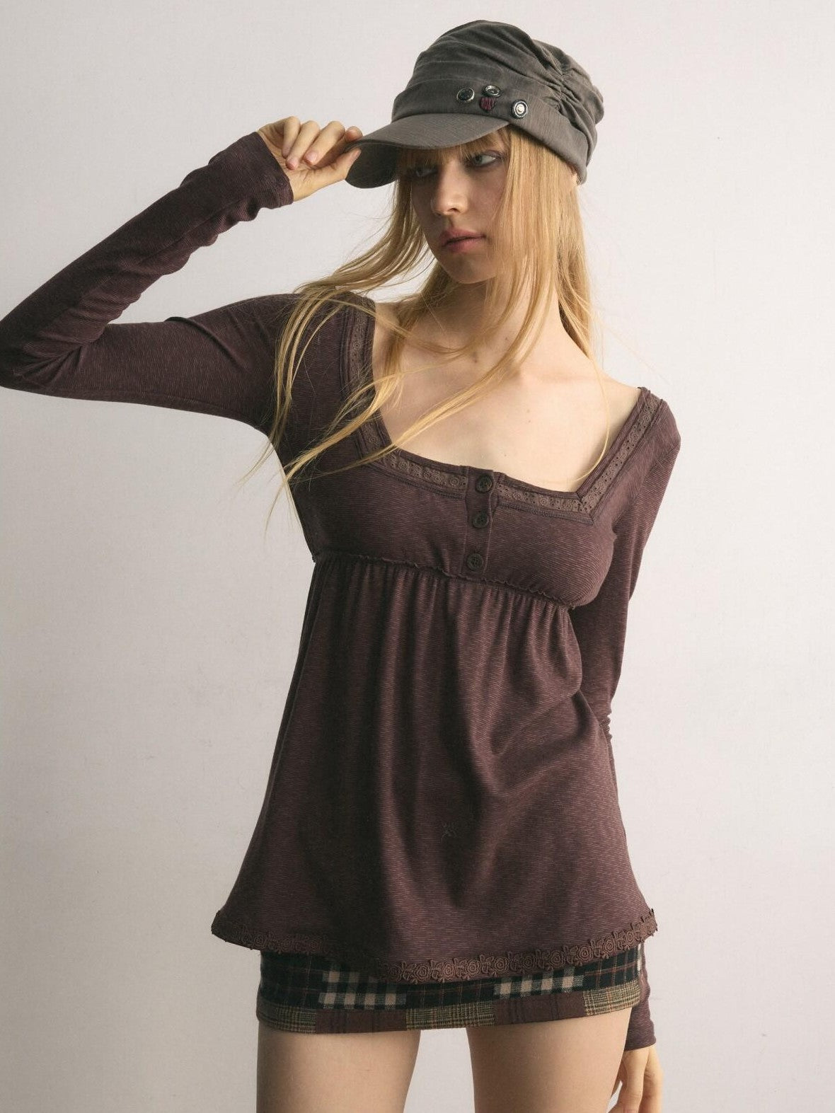 UNIVERSE Tone On Tone Knit Square Neck Slim Women's Cotton Long Sleeve T-shirts