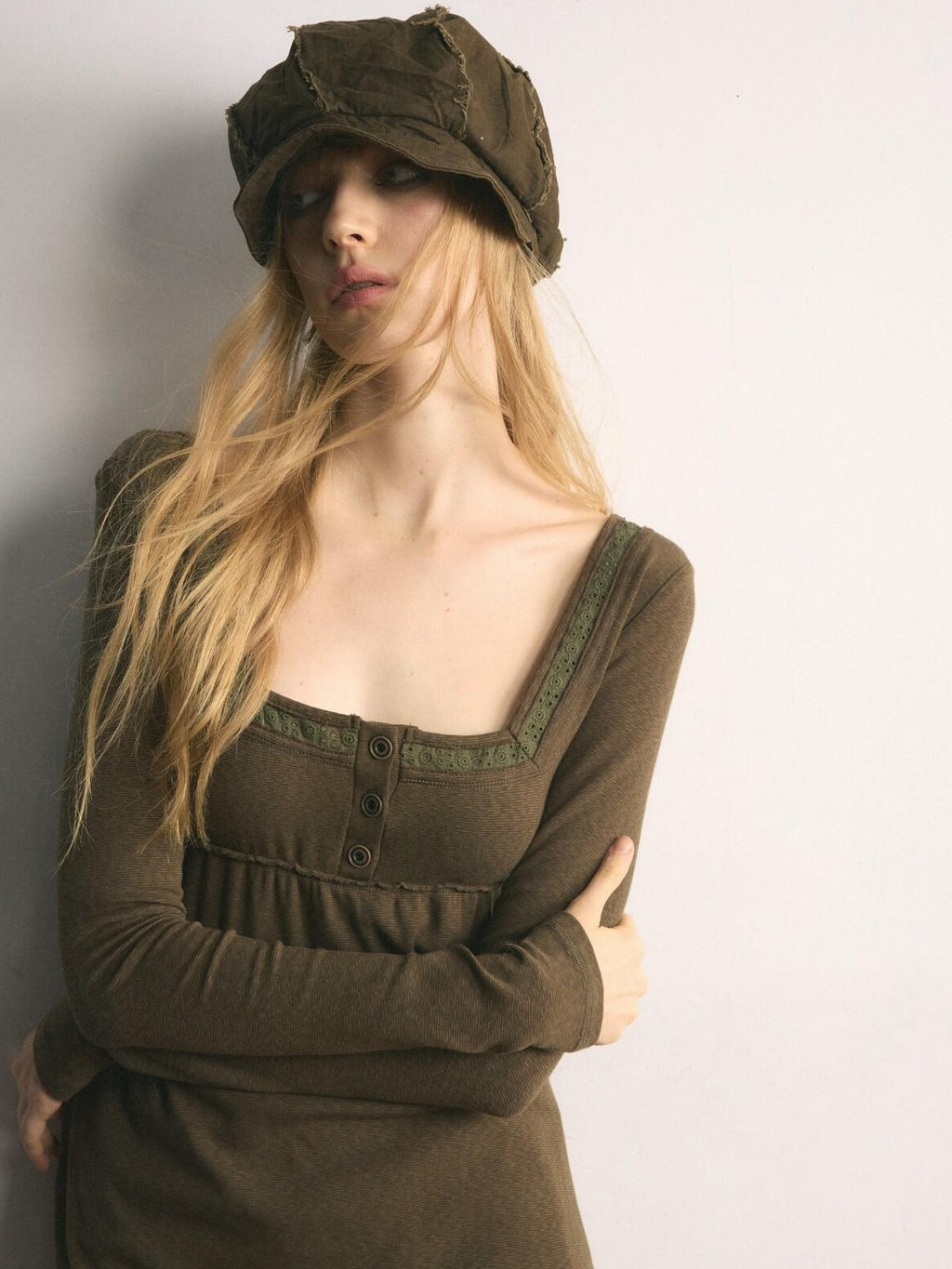 UNIVERSE Tone On Tone Knit Square Neck Slim Women's Cotton Long Sleeve T-shirts