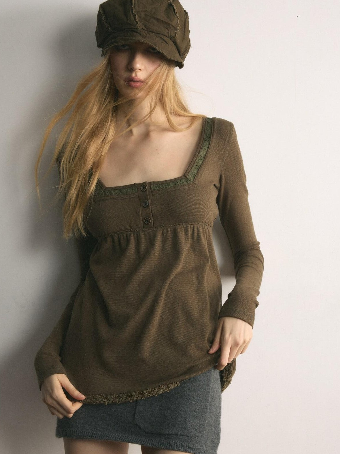 UNIVERSE Tone On Tone Knit Square Neck Slim Women's Cotton Long Sleeve T-shirts