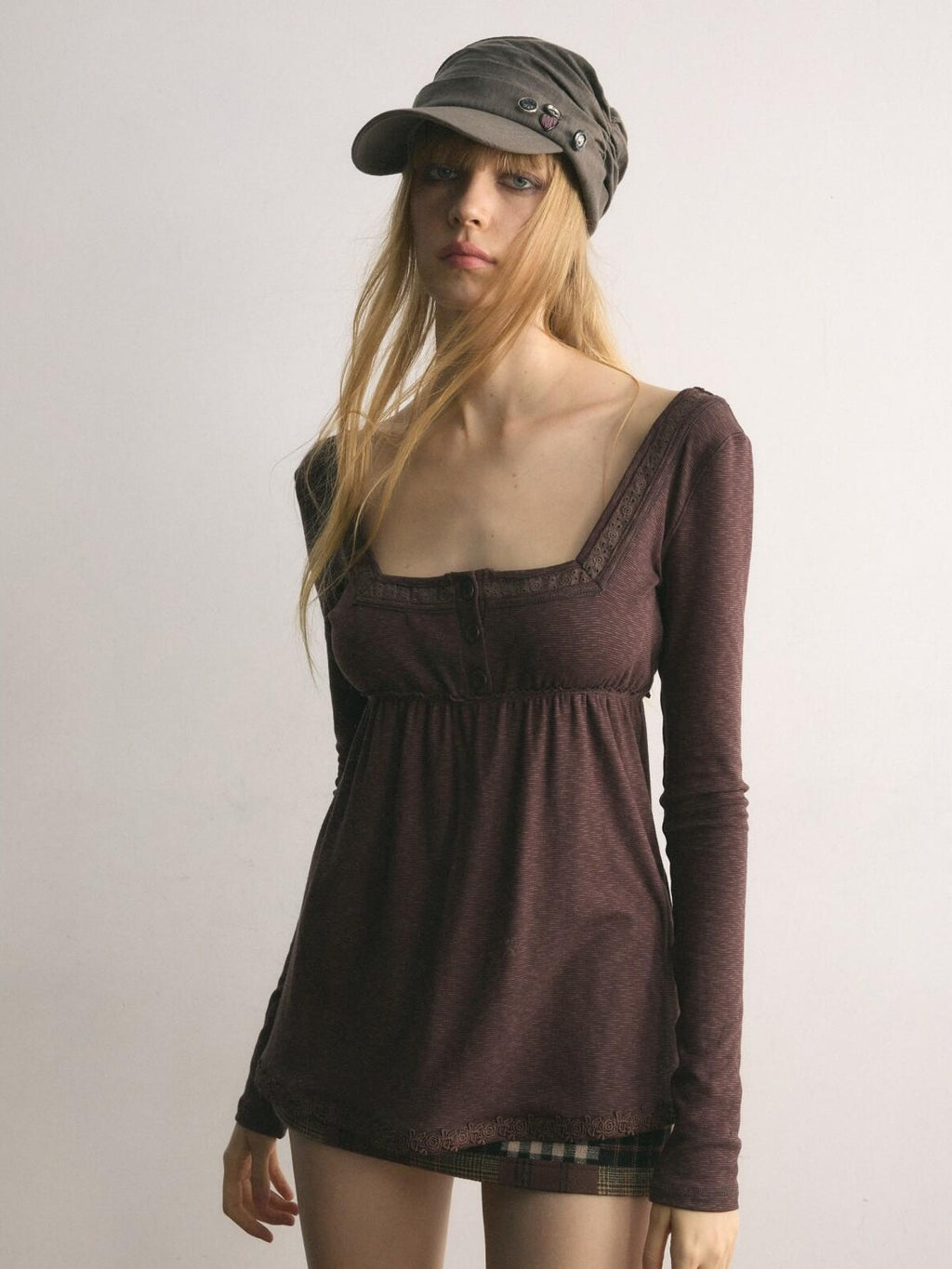 UNIVERSE Tone On Tone Knit Square Neck Slim Women's Cotton Long Sleeve T-shirts