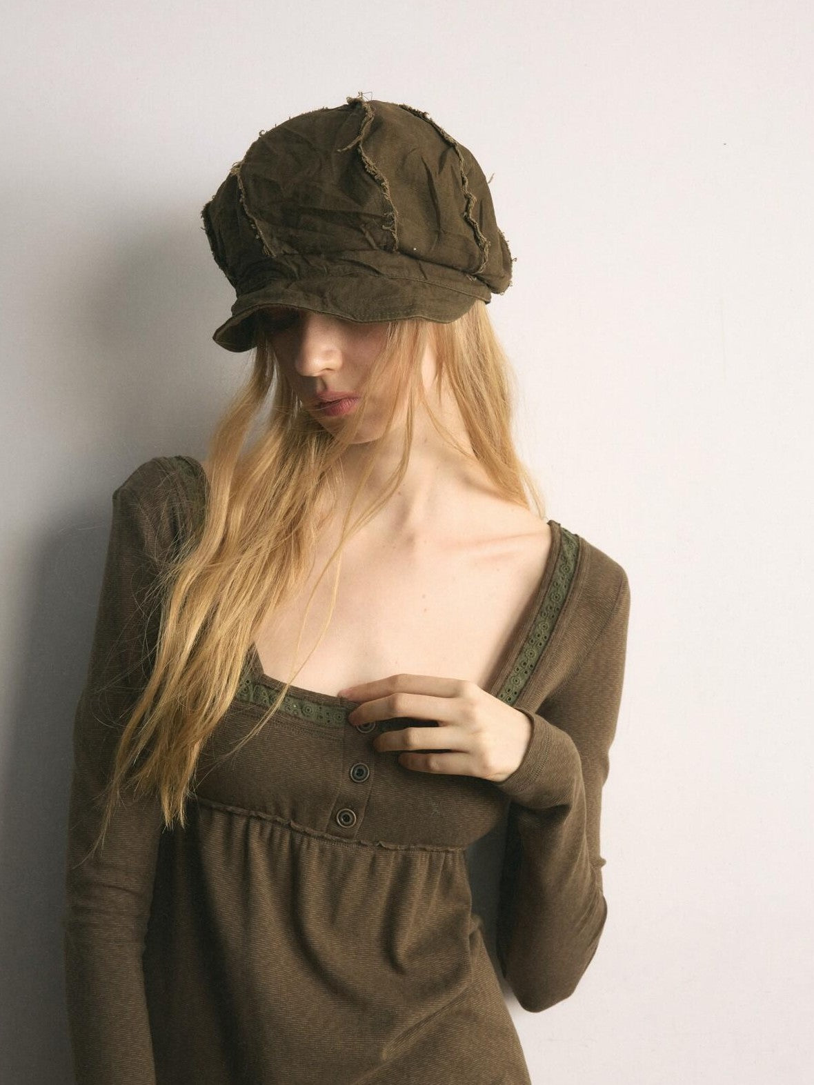 UNIVERSE Tone On Tone Knit Square Neck Slim Women's Cotton Long Sleeve T-shirts