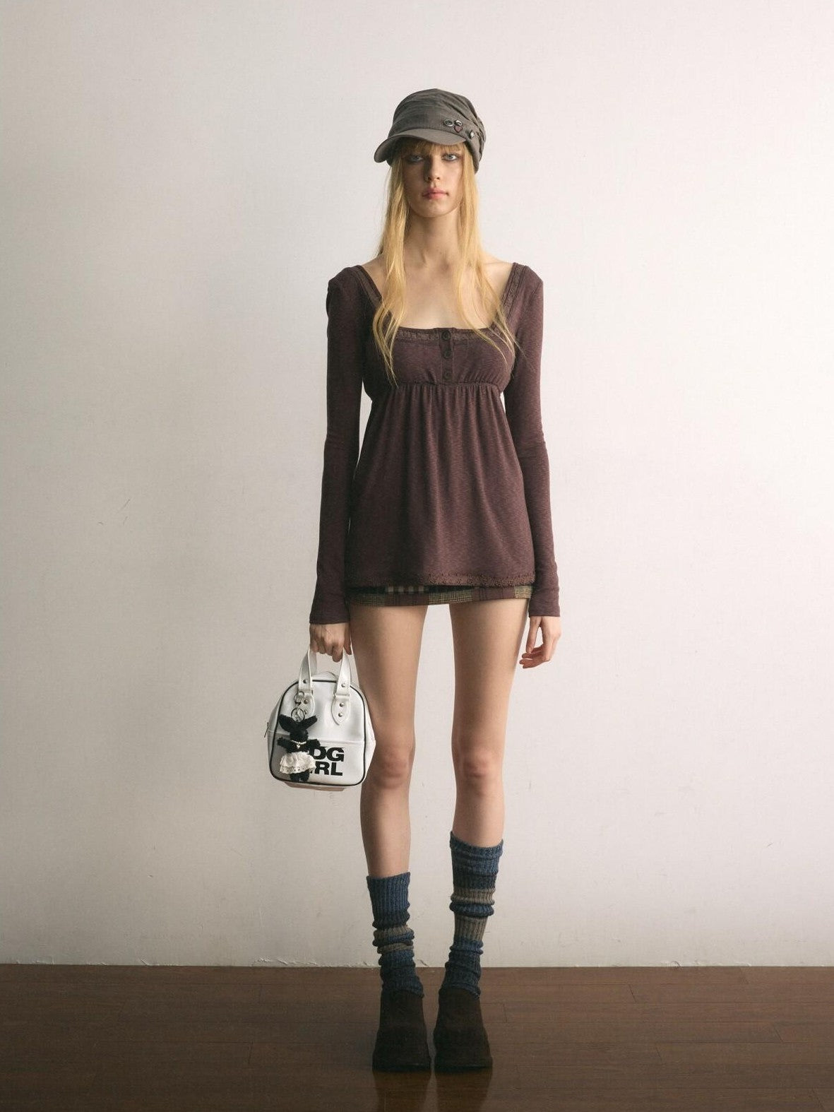 UNIVERSE Tone On Tone Knit Square Neck Slim Women's Cotton Long Sleeve T-shirts