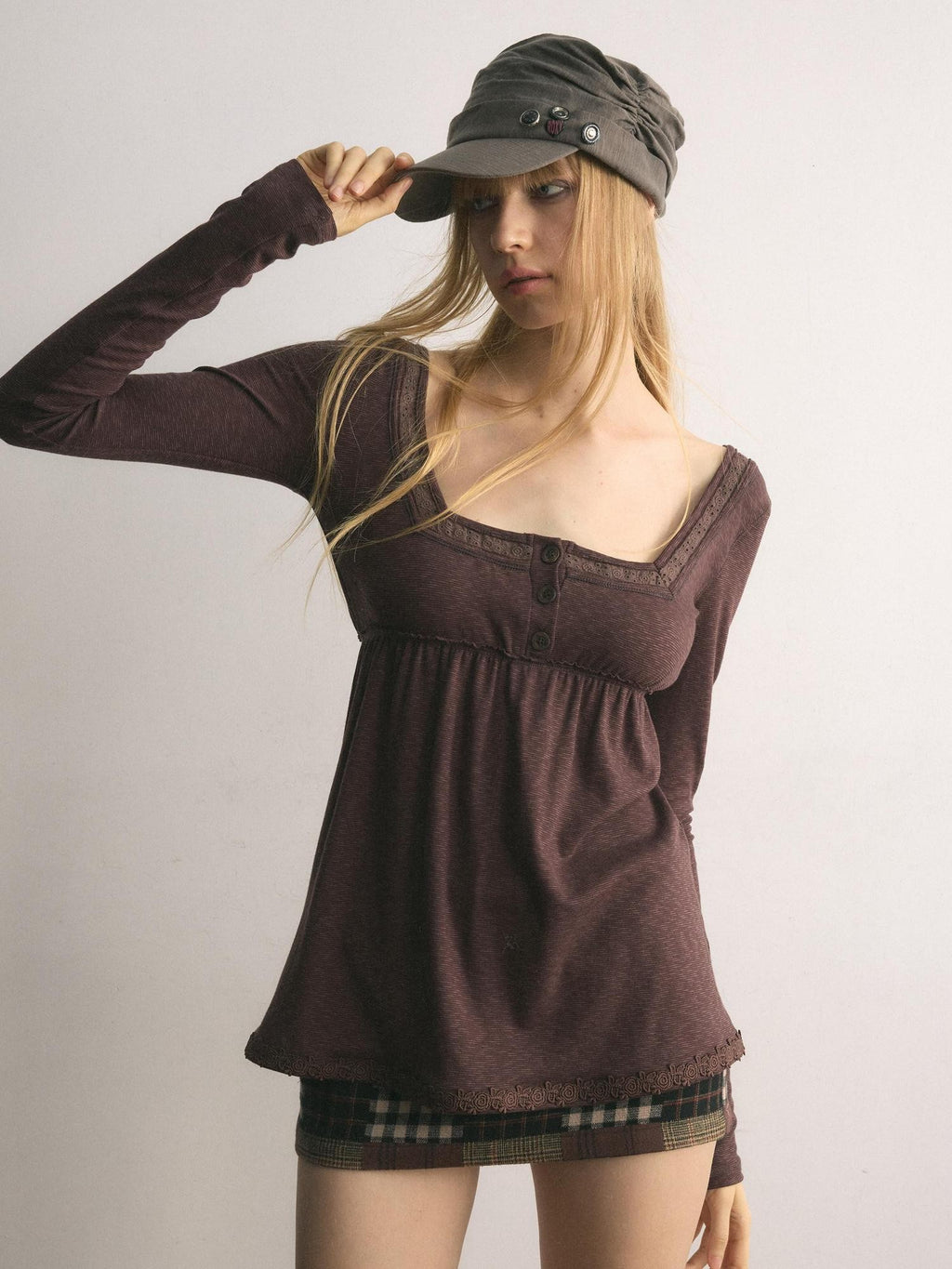 UNIVERSE Tone On Tone Knit Square Neck Slim Women's Cotton Long Sleeve T-shirts
