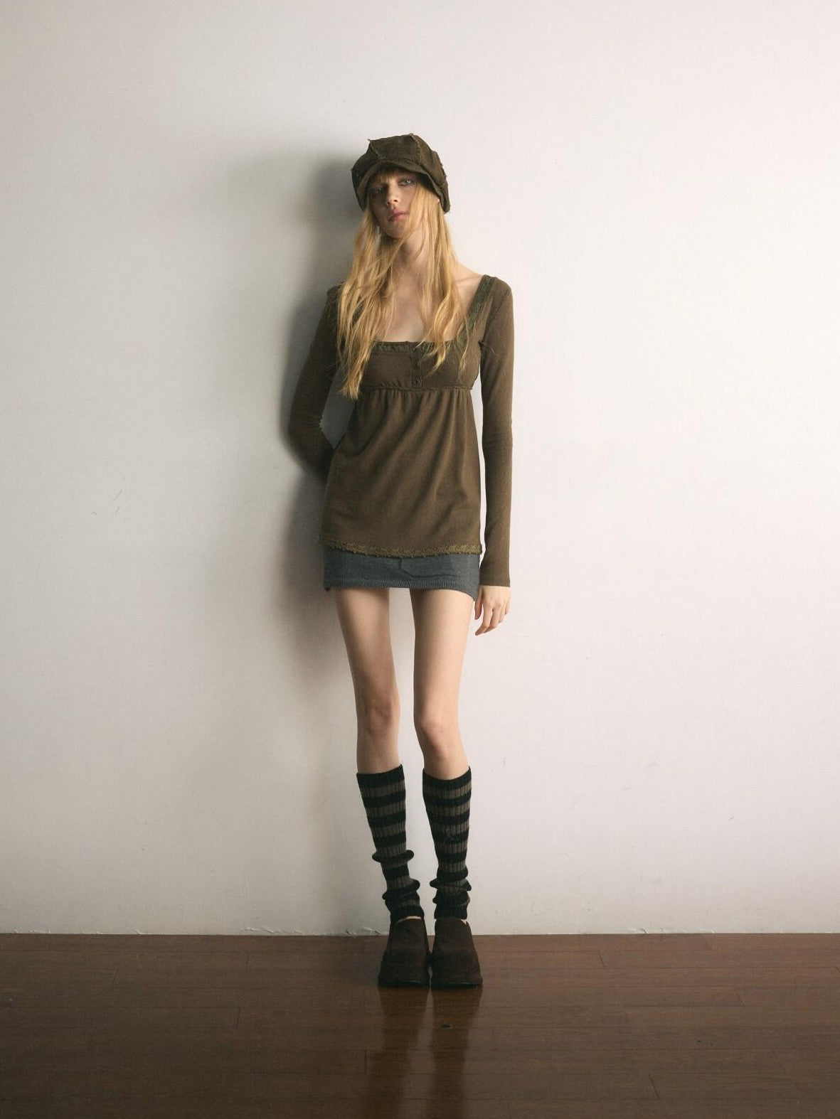 UNIVERSE Tone On Tone Knit Square Neck Slim Women's Cotton Long Sleeve T-shirts