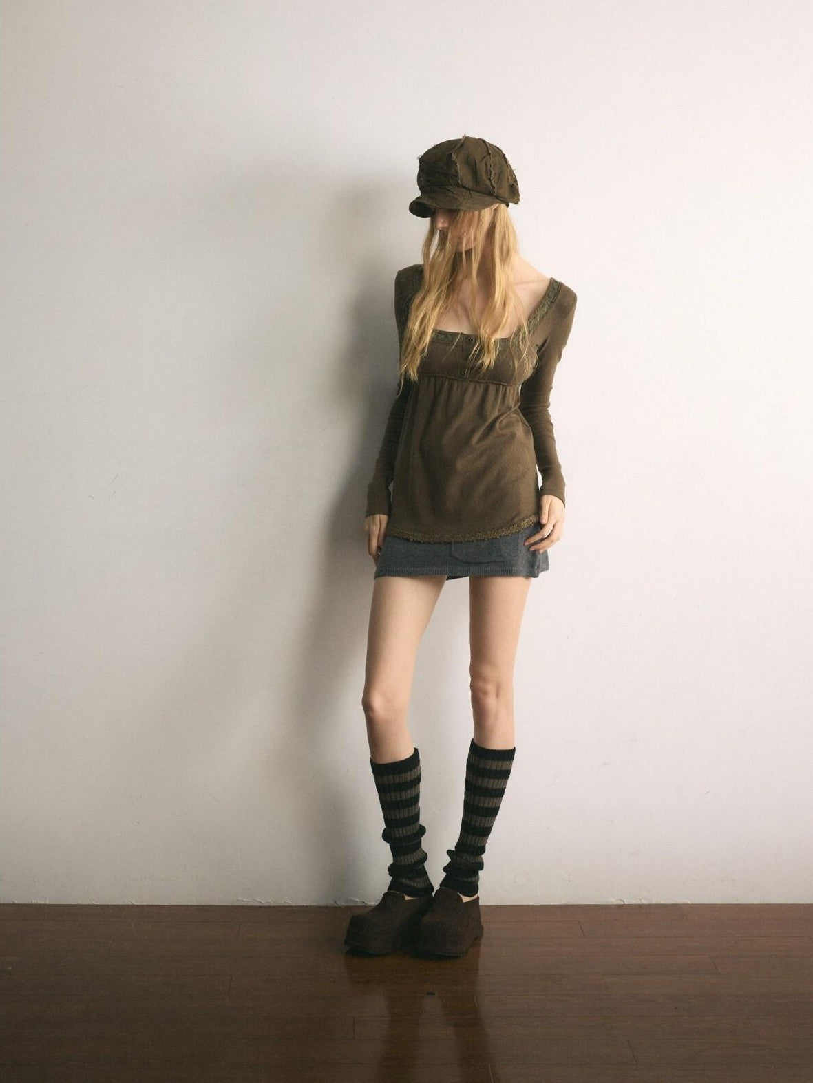 UNIVERSE Tone On Tone Knit Square Neck Slim Women's Cotton Long Sleeve T-shirts