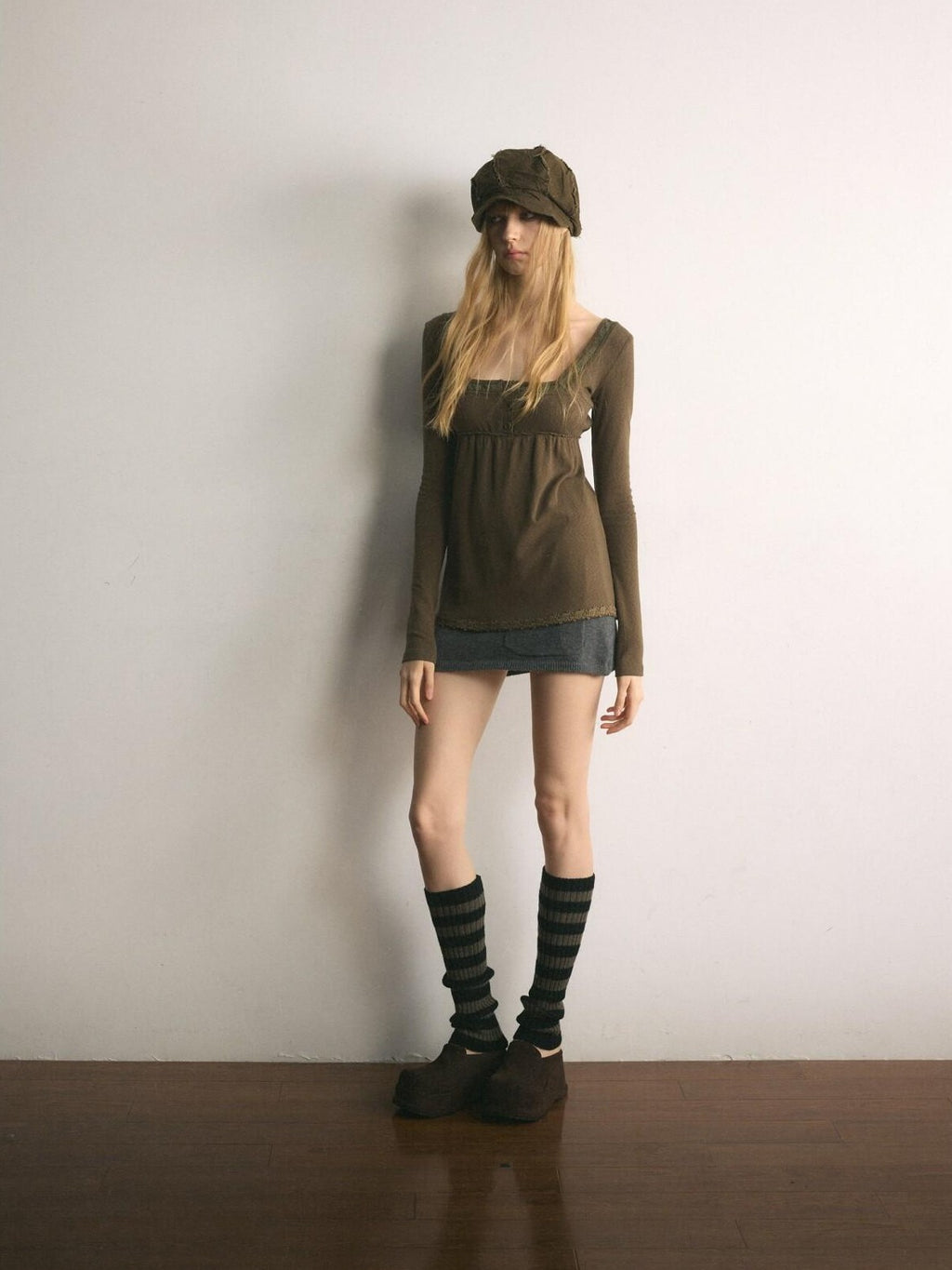 UNIVERSE Tone On Tone Knit Square Neck Slim Women's Cotton Long Sleeve T-shirts